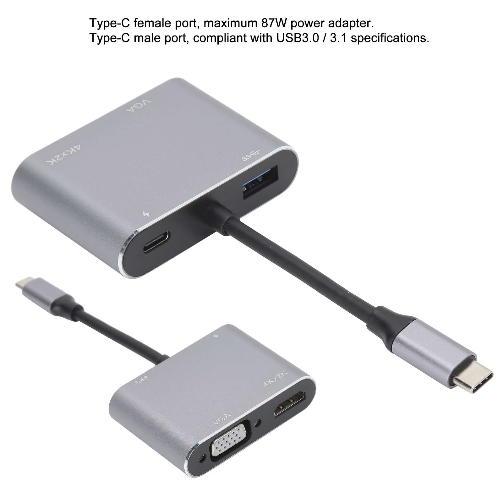 Zwei silberne Adapter mit schwarzen Kabeln. Einer hat einen USB-Anschluss, der andere VGA- und HDMI-Anschlüsse. Beide haben Typ-C-Anschlüsse.