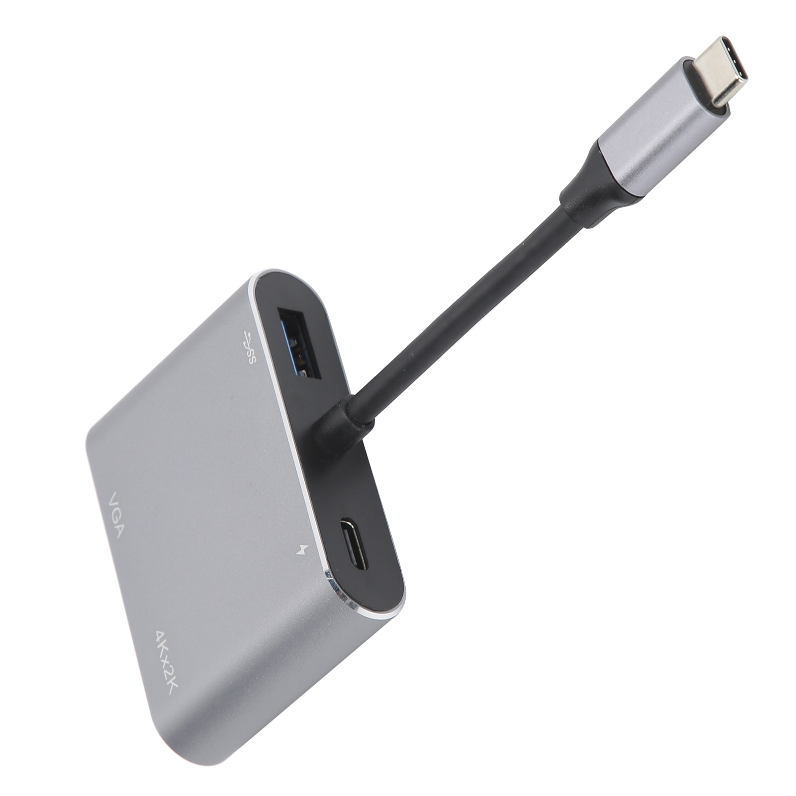 Silberner USB-C-Adapter mit schwarzem Kabel. Mit VGA-, USB- und Stromanschlüssen. Isoliert auf weißem Hintergrund.