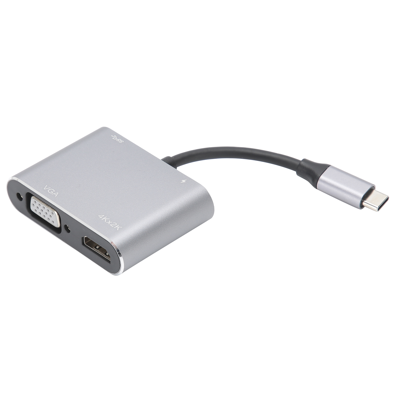 Silberner Adapter mit mehreren Anschlüssen und einem schwarzen Kabel mit USB-C-Anschluss.