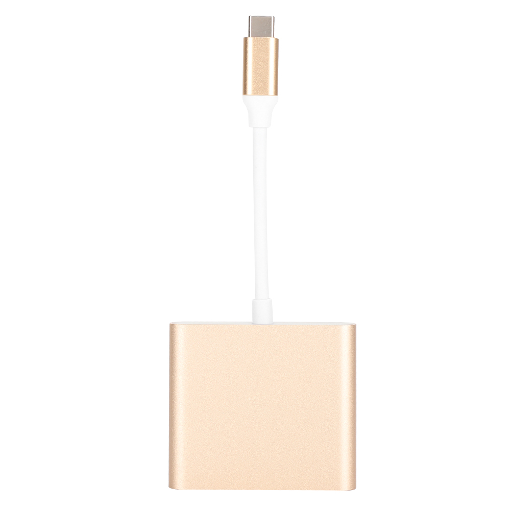 Ein goldener USB-C-Adapter mit weißem Kabel. Der Adapter ist mit einer goldenen rechteckigen Basis vor weißem Hintergrund verbunden.
