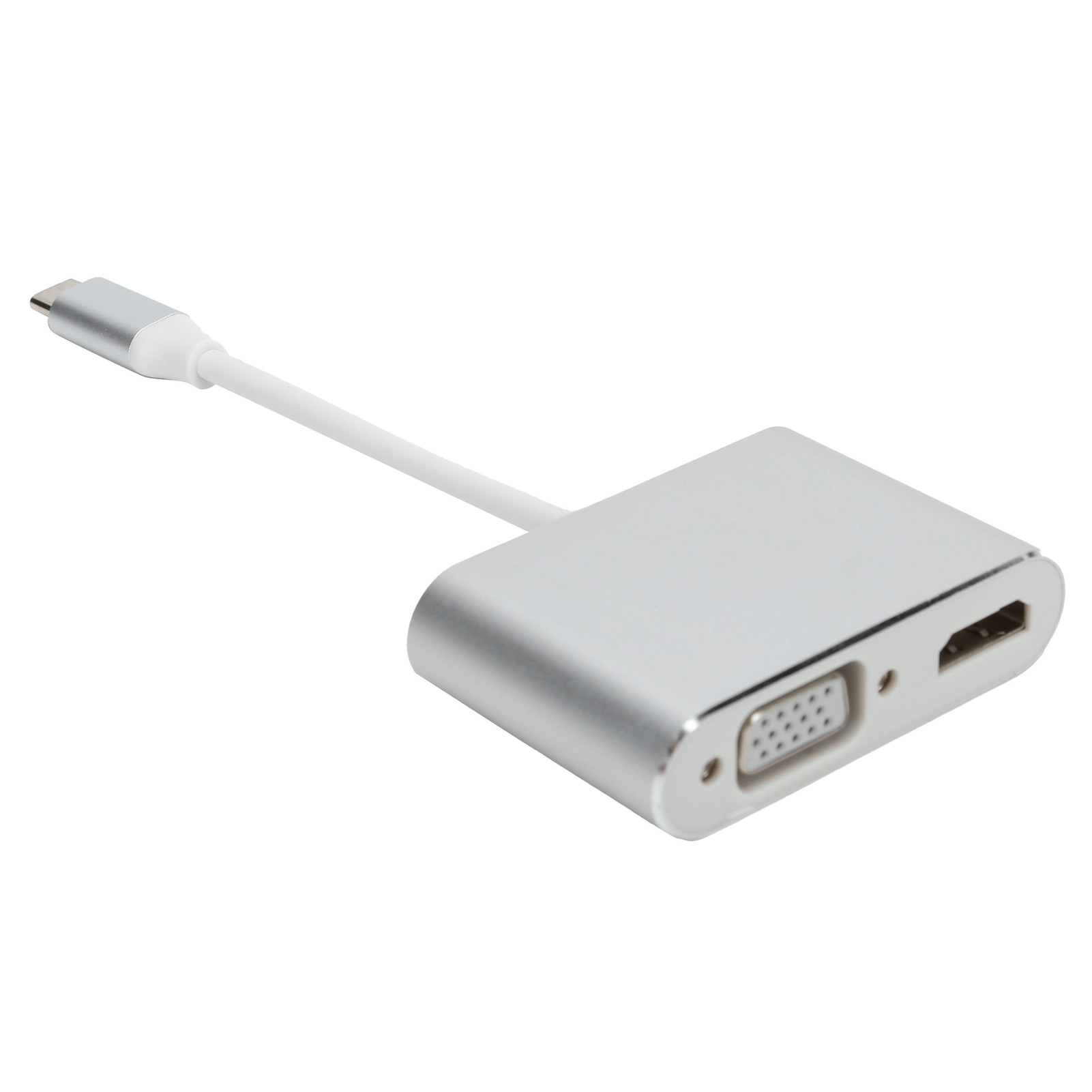 Silberner USB-C-Adapter mit weißem Kabel, VGA-, HDMI-Anschlüssen und einem silbernen rechteckigen Gehäuse. Isoliert auf weißem Hintergrund.