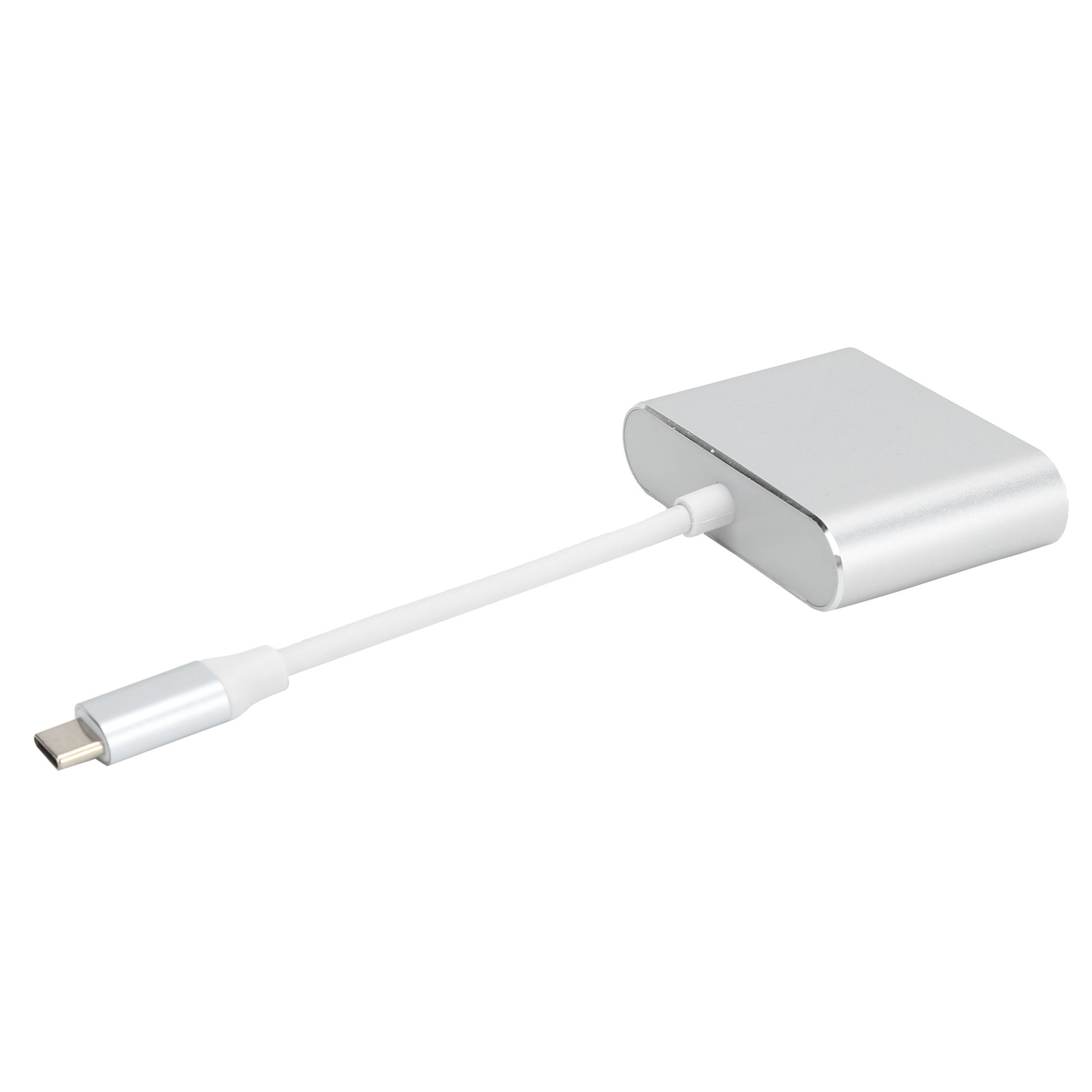 Silberner USB-C-Adapter mit weißem Kabel vor weißem Hintergrund. Der Adapter hat eine rechteckige Form mit abgerundeten Kanten.