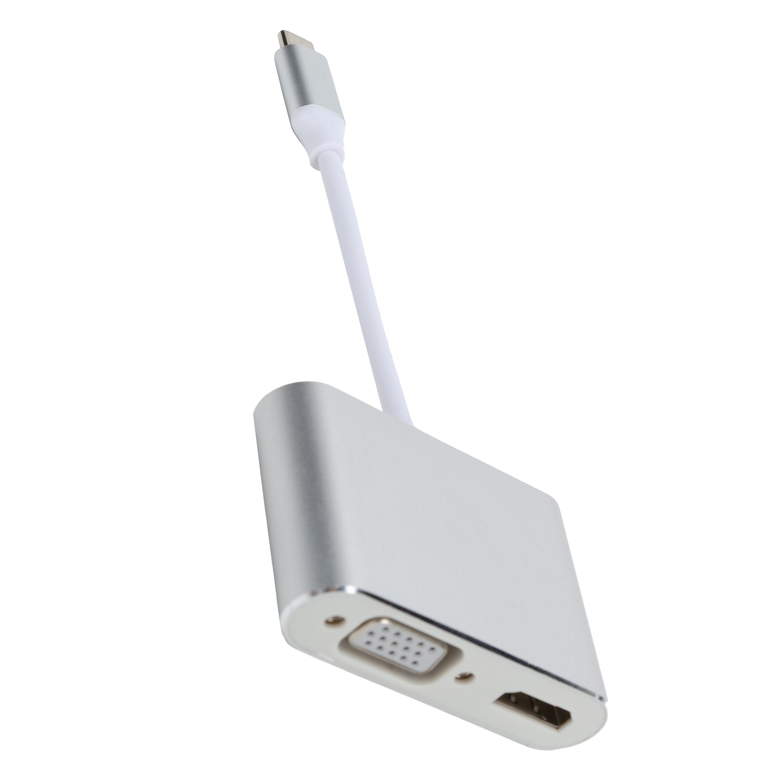 Silberner Adapter mit USB-C-Anschluss und weißem Kabel. Er hat VGA- und HDMI-Anschlüsse. Isoliert auf weißem Hintergrund.