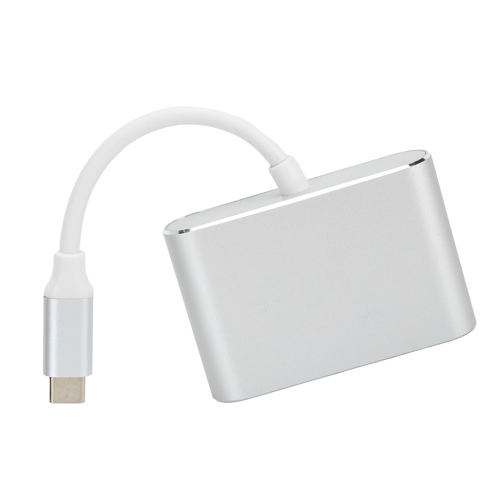 Silberner USB-C-Adapter mit weißem Kabel auf weißem Hintergrund. Der Adapter ist abgewinkelt und zeigt seine rechteckige Form.