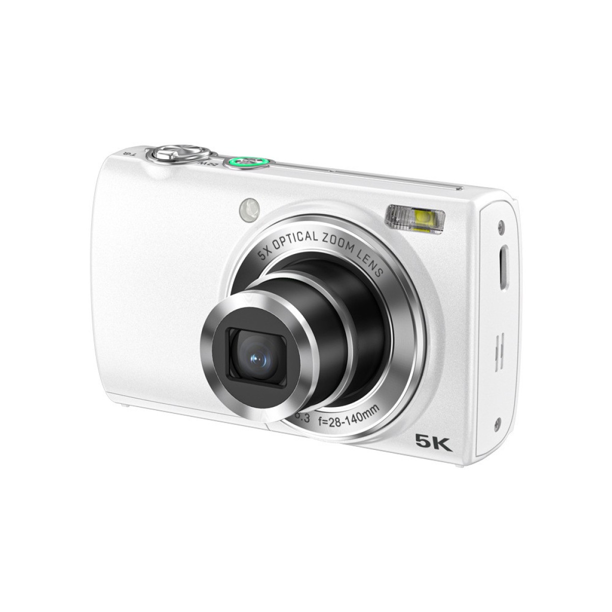 Eine weiße Digitalkamera mit Objektiv, Blitz und Knöpfen. Auf dem Objektiv steht 5X Optical Zoom Lens f=28-140mm. Auf weißem Hintergrund.