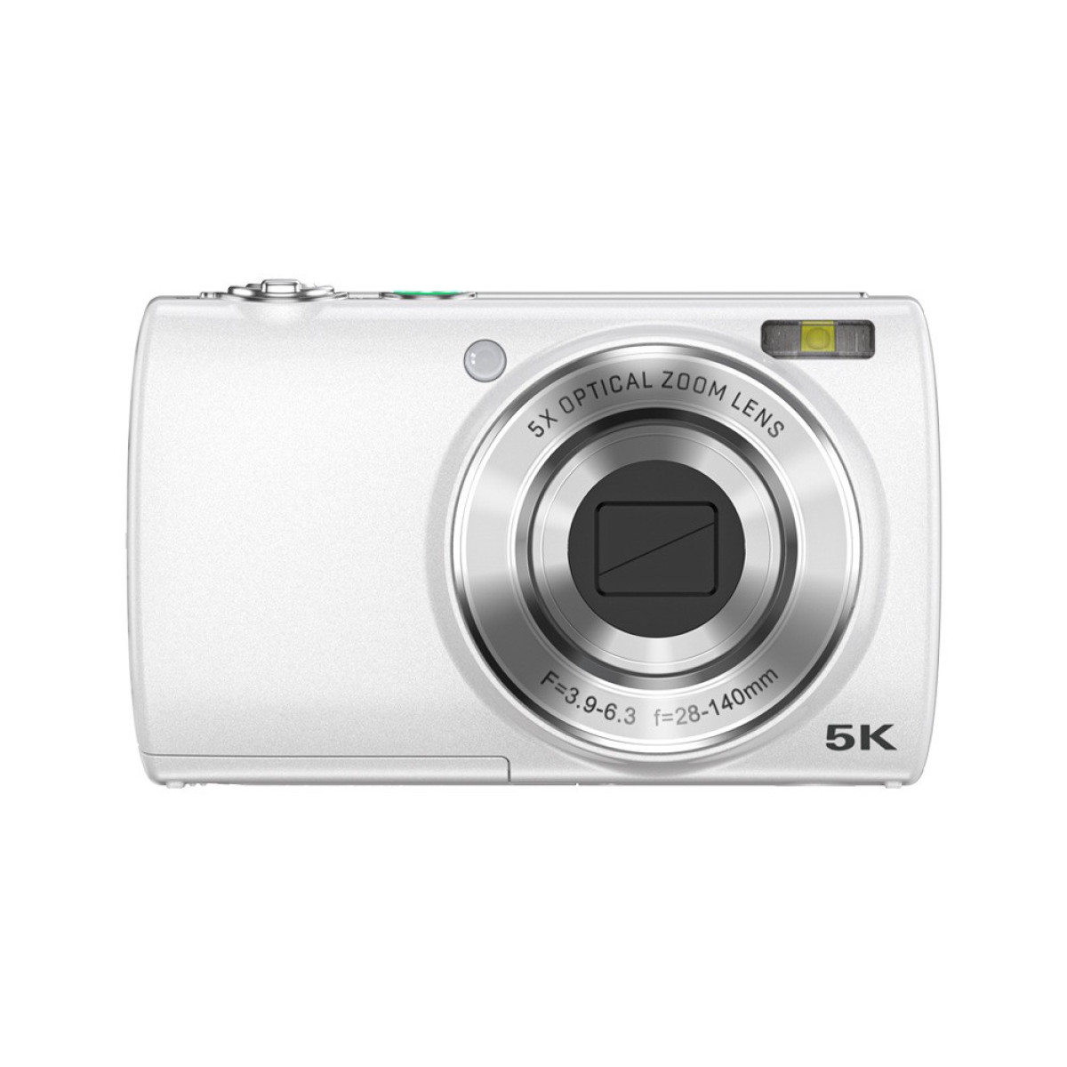 Eine weiße Digitalkamera mit silbernem Objektiv und dem Text '5X OPTICAL ZOOM LENS' auf der Vorderseite.