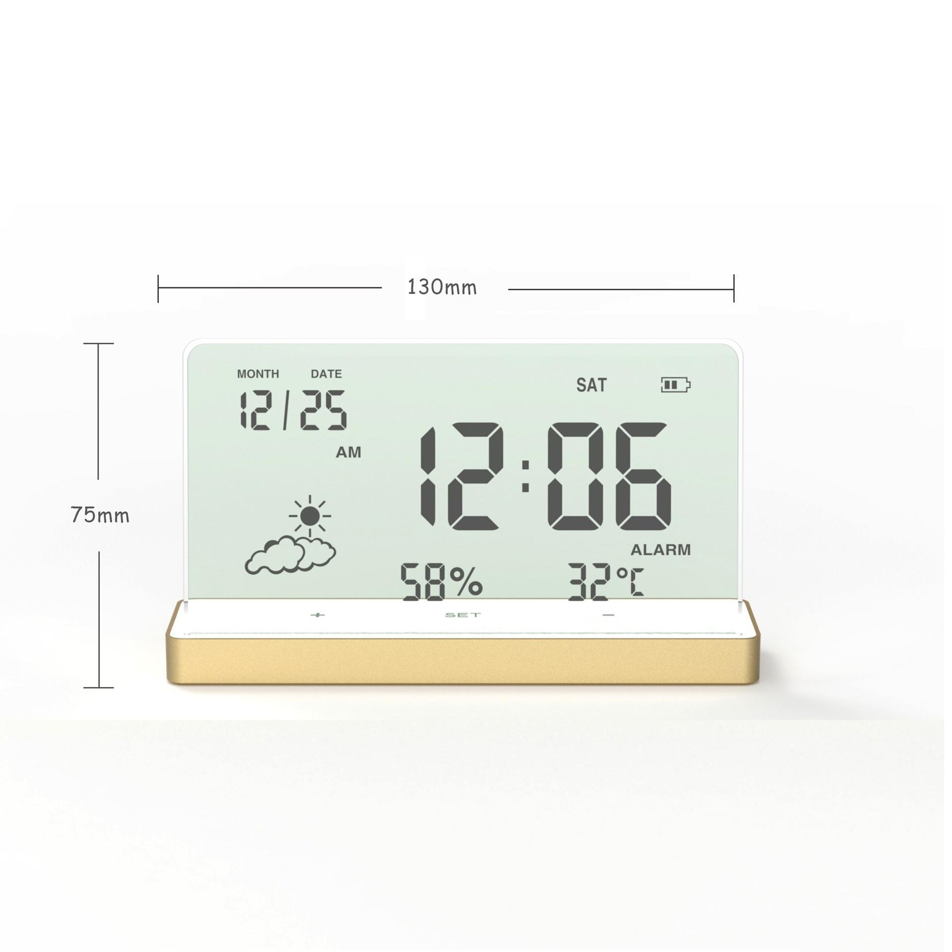Digitaluhr mit 12:06 Uhr, Datum 12/25, 58% Luftfeuchtigkeit und 32°C. Sonniger Tag mit Wolken. Die Uhr hat eine goldene Basis.