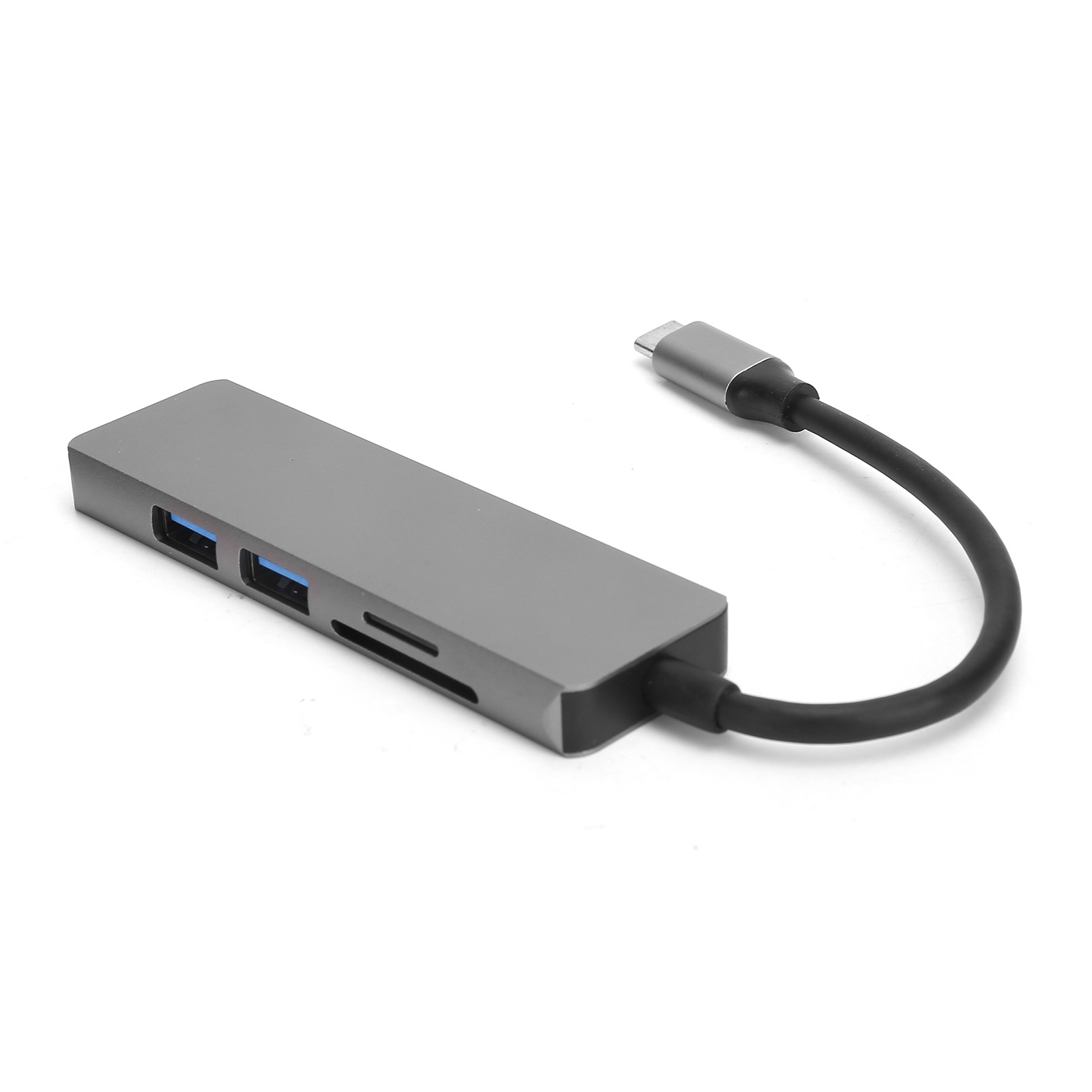 Ein grauer USB-C-Hub mit Anschlüssen und einem Kabel mit silbernem Stecker auf weißer Oberfläche.