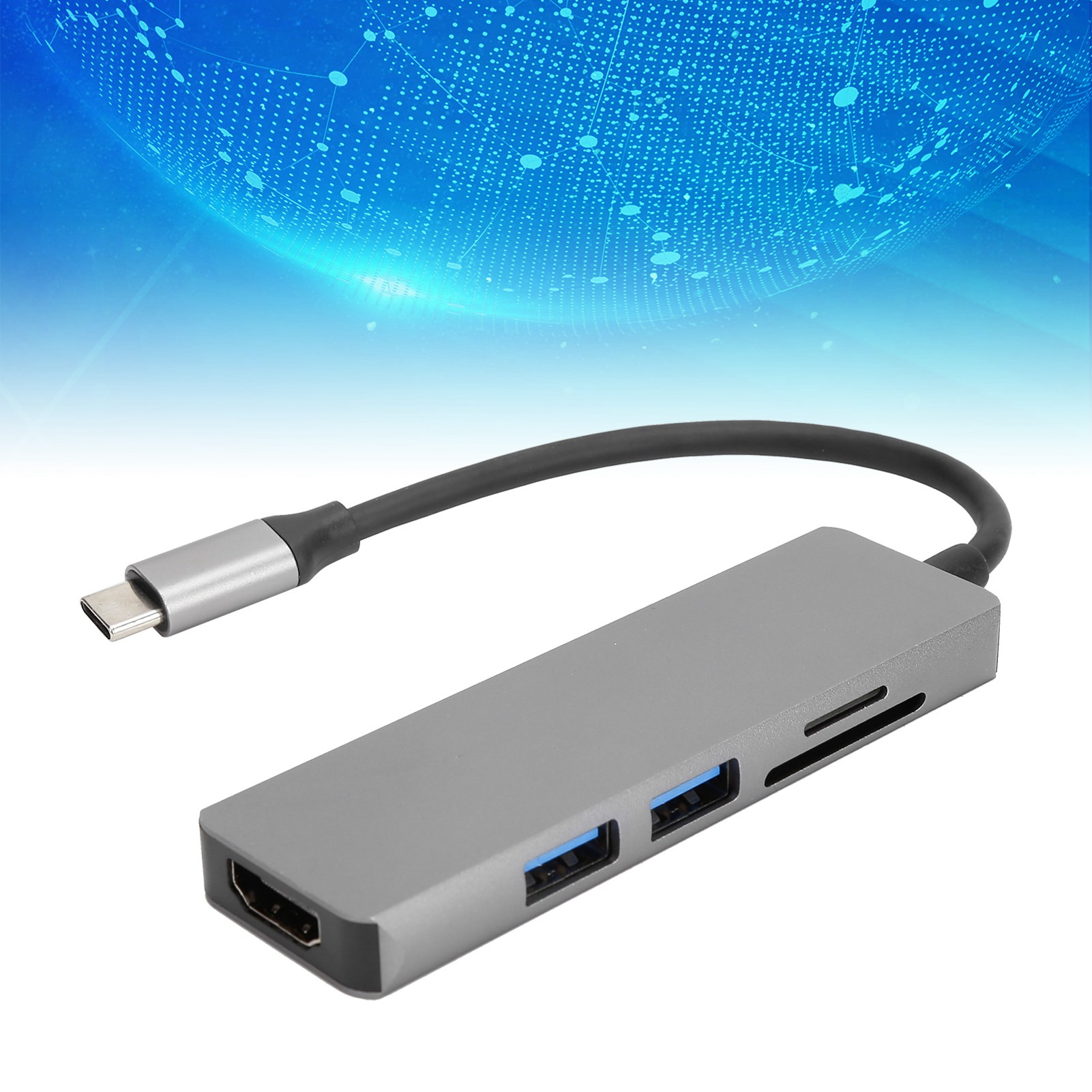 Ein grauer USB-Hub mit mehreren Anschlüssen und einem schwarzen Kabel vor blauem Hintergrund.