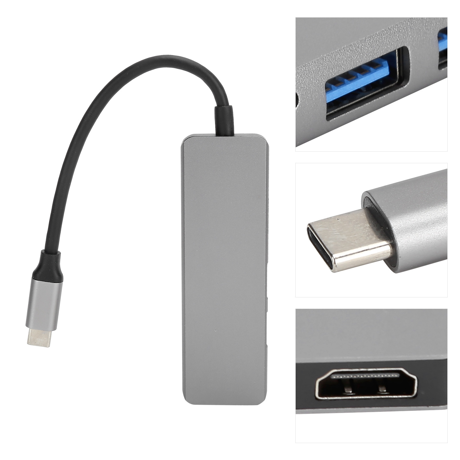 Ein silberner USB-C-Hub mit schwarzem Kabel. Nahaufnahmen zeigen USB-Anschlüsse, einen USB-C-Anschluss und einen HDMI-Anschluss.