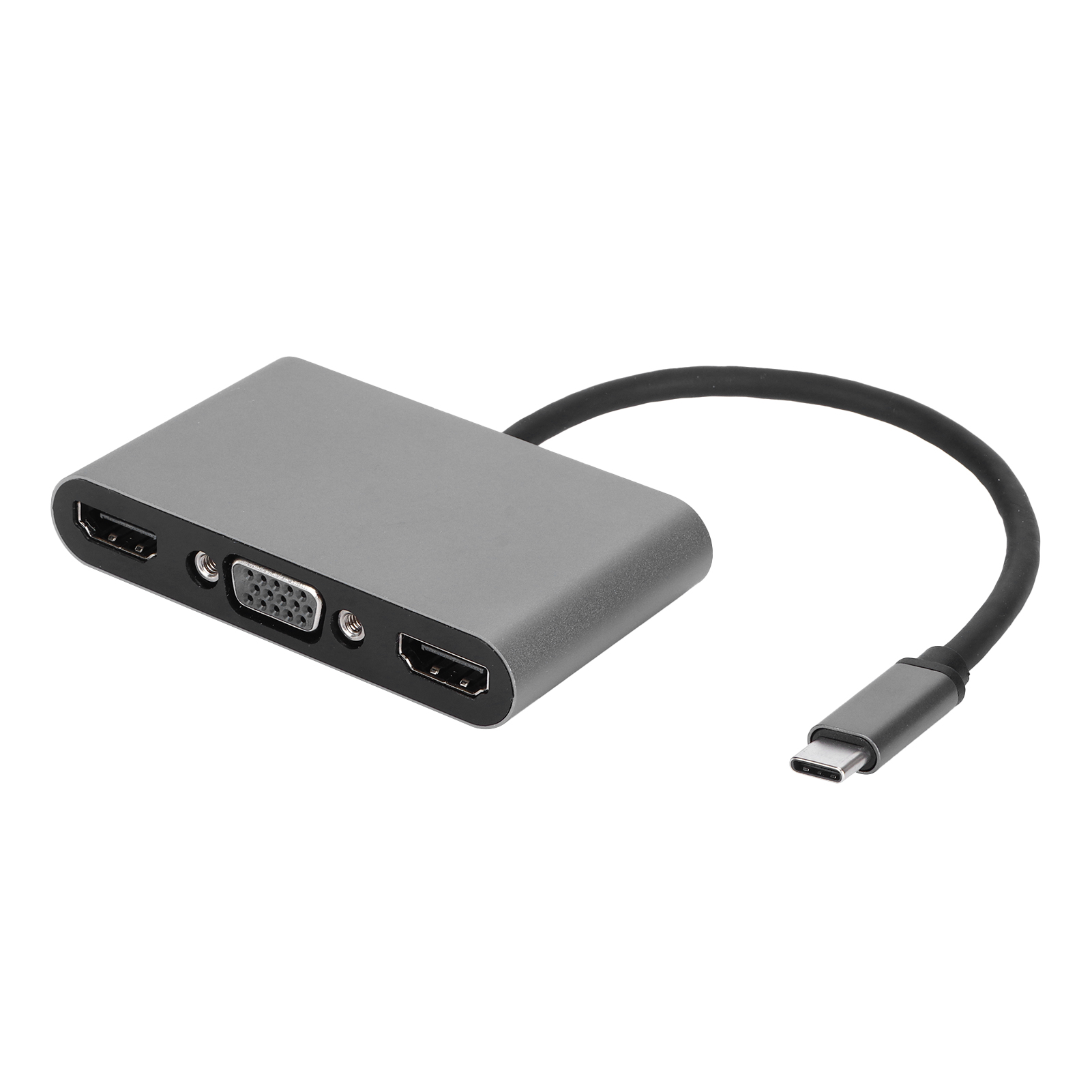 Ein grauer USB-C-Hub mit HDMI-, VGA- und USB-C-Anschlüssen, verbunden mit einem schwarzen Kabel mit USB-C-Anschluss.
