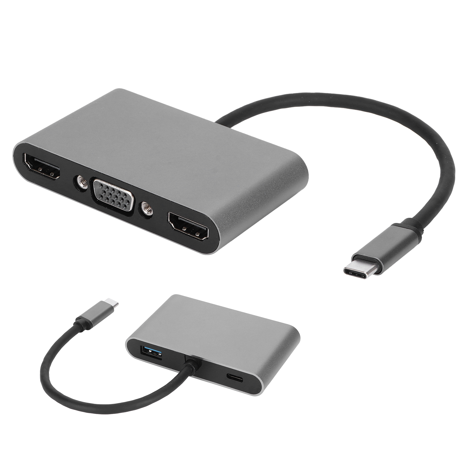 Grauer USB-C-Hub mit HDMI-, VGA- und USB-Anschlüssen. Zwei Einheiten gezeigt, eine mit Kabel, isoliert auf weißem Hintergrund.