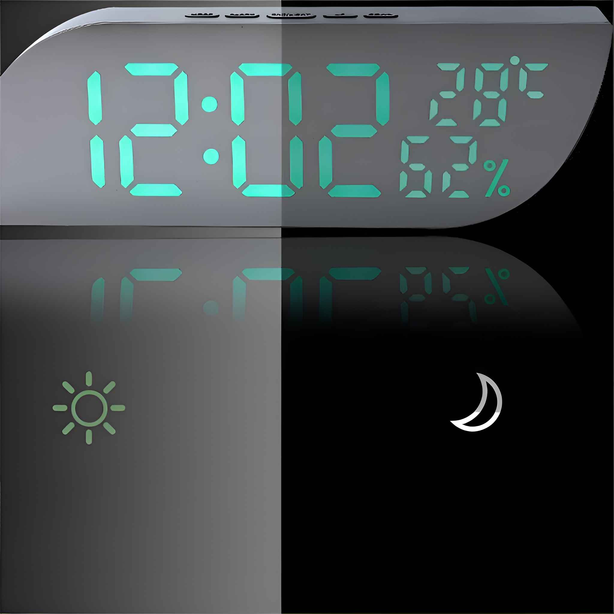 Digitaluhr mit Anzeige 12:02, 28°C und 62 %. Enthält Sonnen- und Mondsymbole. Grauer und schwarzer Hintergrund.