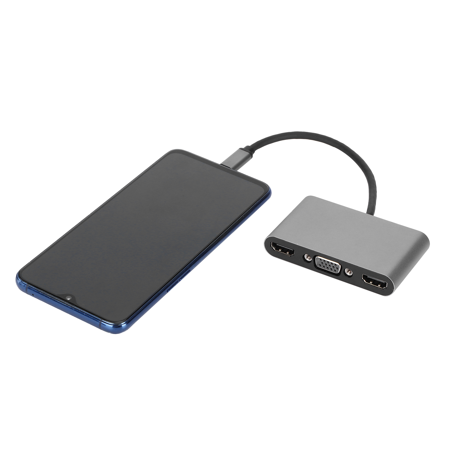 Ein schwarzes Smartphone ist über ein schwarzes Kabel mit einem grauen Adapter mit HDMI- und VGA-Anschlüssen verbunden, auf weißem Hintergrund.