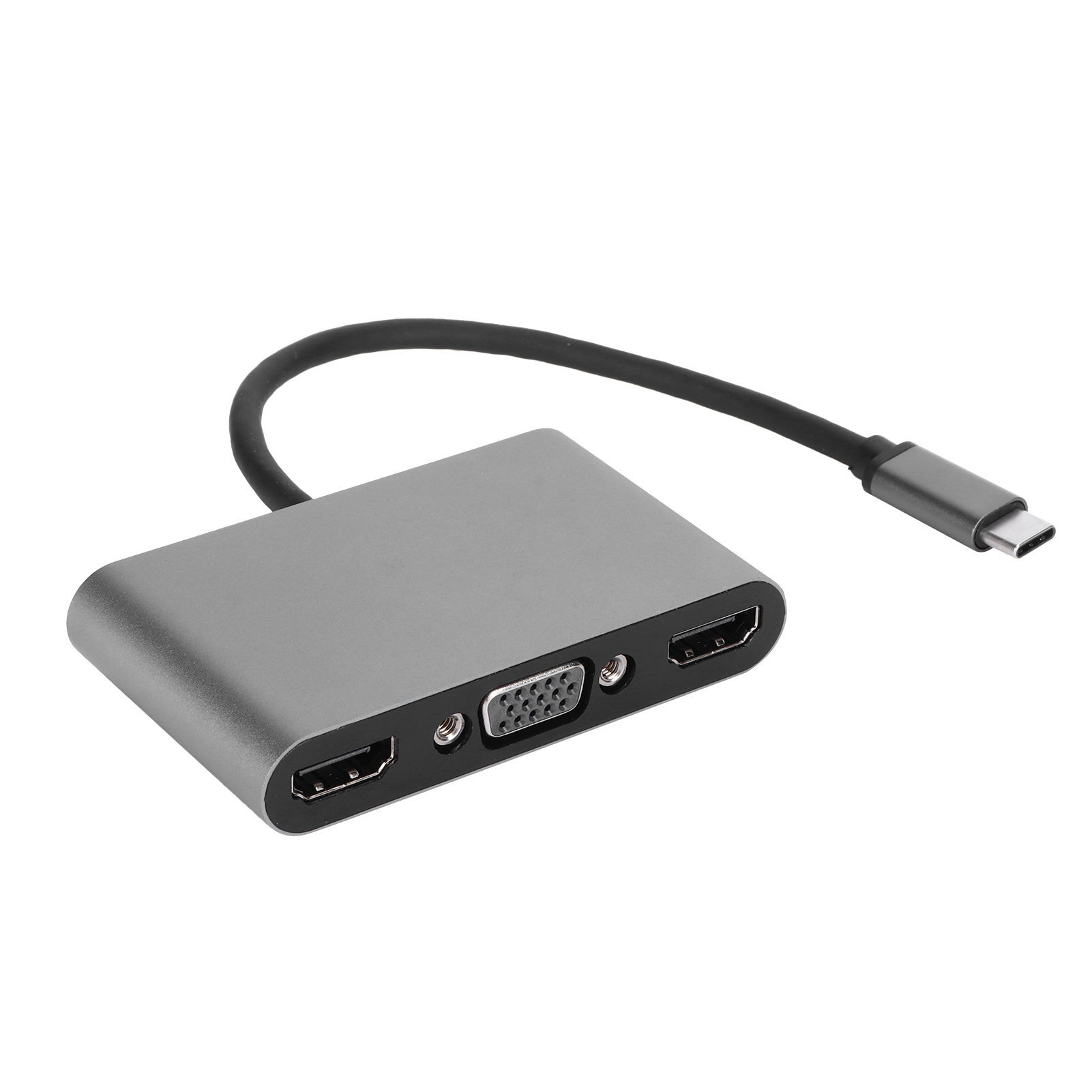 Ein silberner USB-C-Adapter mit mehreren Anschlüssen. Er hat HDMI-, VGA- und USB-C-Anschlüsse. Ein schwarzes Kabel verbindet sich mit dem USB-C-Anschluss.
