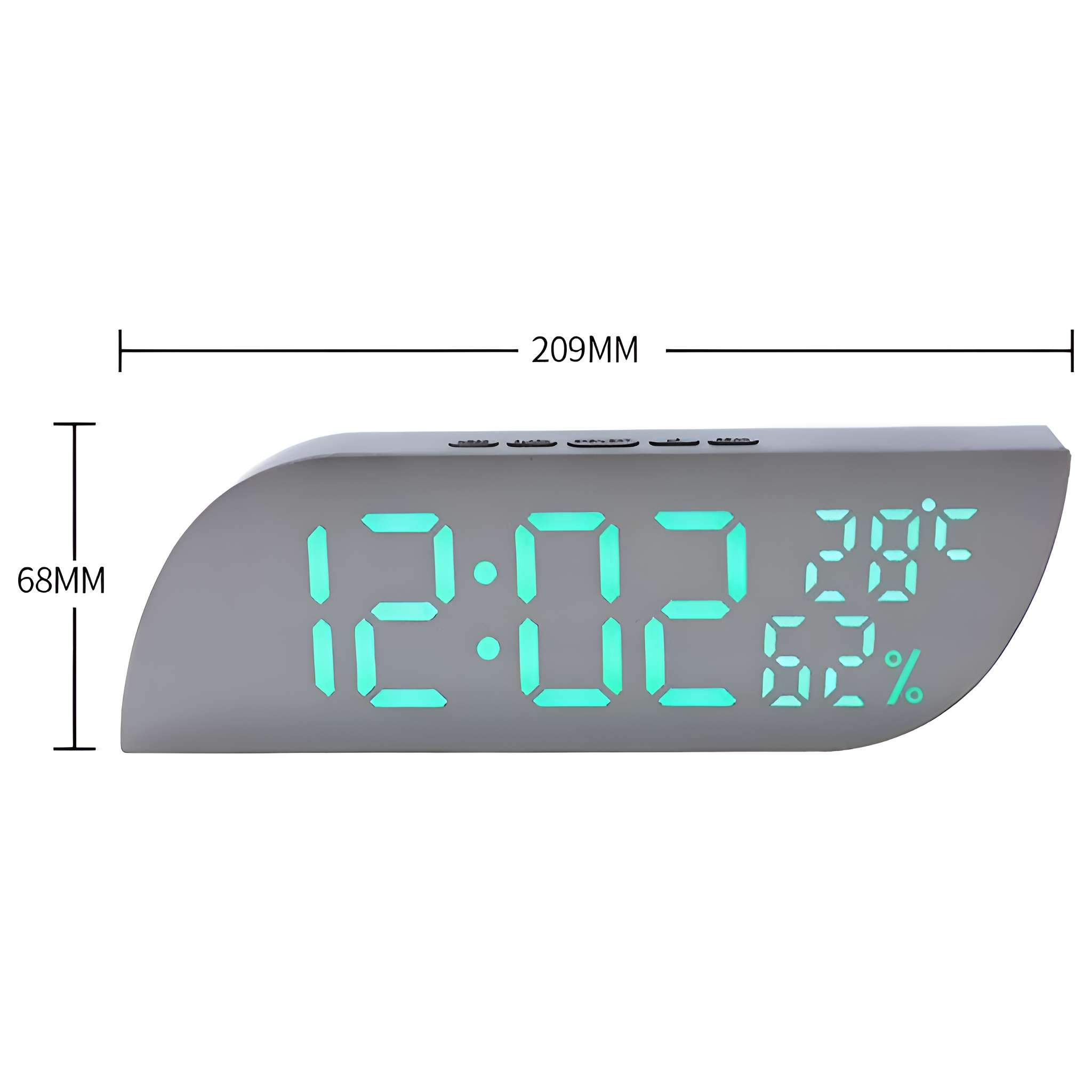 Digitaluhr mit Anzeige 12:02, 28°C und 62% Luftfeuchtigkeit. Graues Gehäuse mit Tasten oben, Messungen beschriftet.