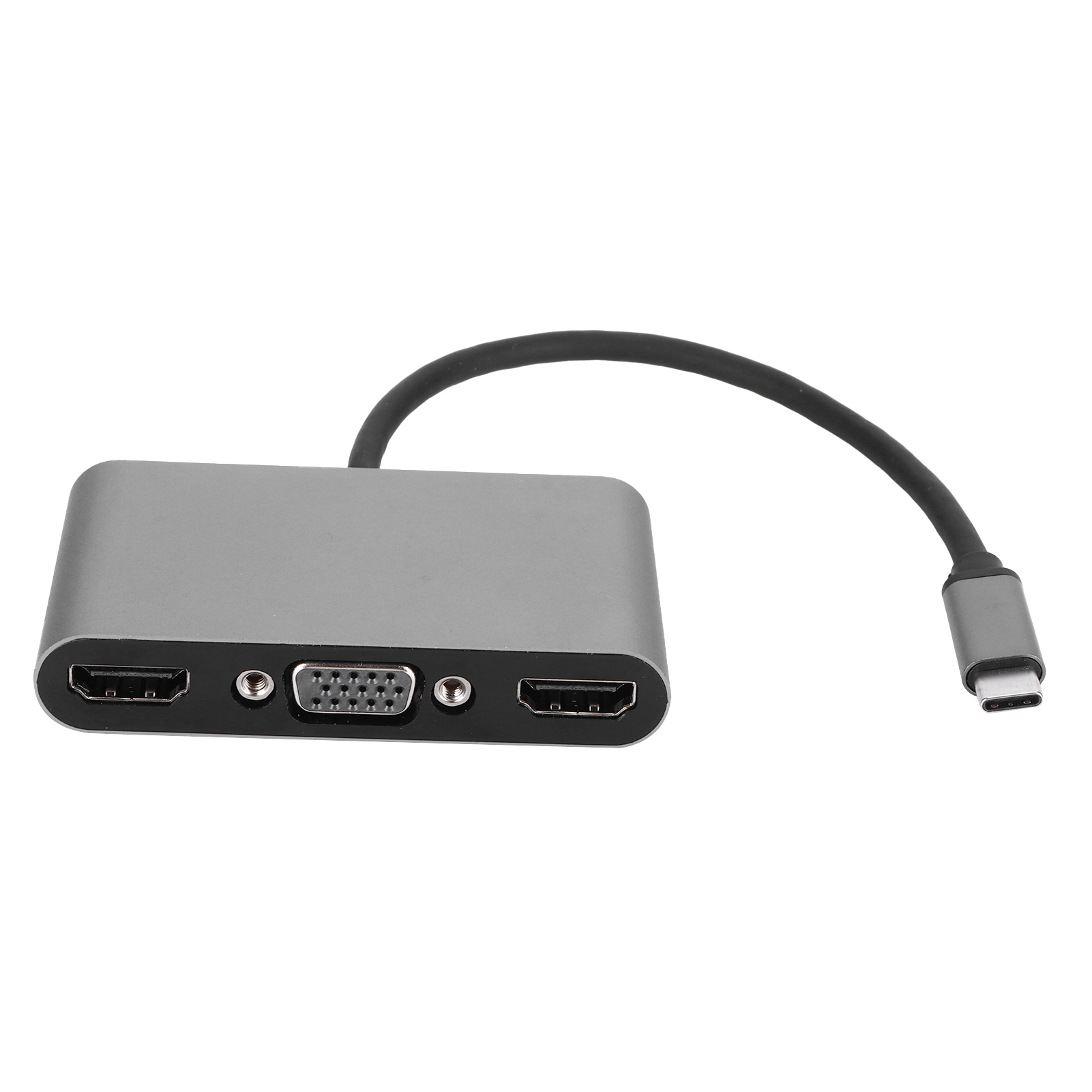 Ein grauer USB-C-Hub-Adapter. Er hat HDMI-, VGA- und USB-Anschlüsse. Ein schwarzes Kabel führt zu einem USB-C-Anschluss.