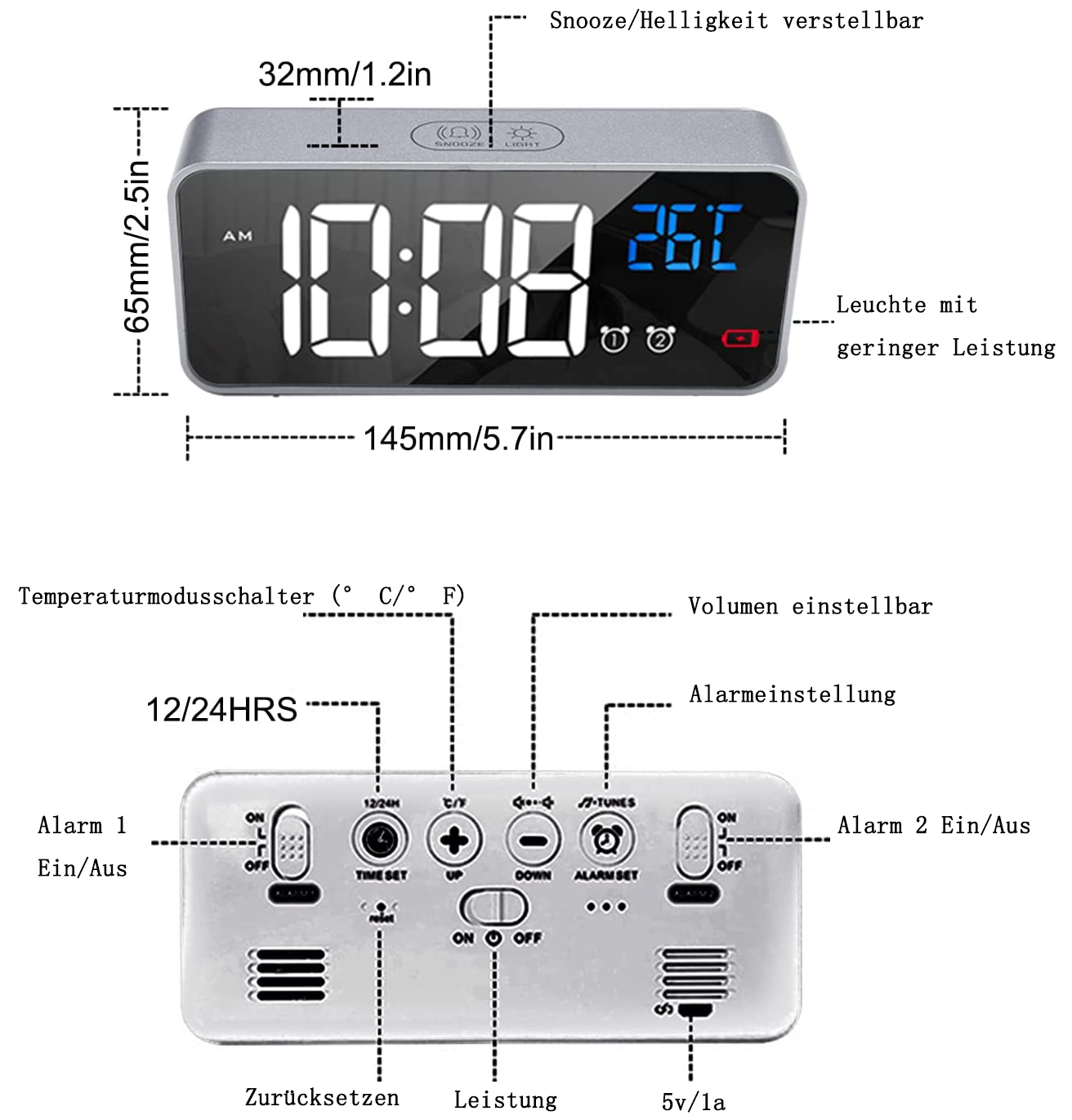 Digitaler Wecker mit Anzeige von Zeit und Temperatur. Funktionen umfassen Schlummerfunktion, Alarmeinstellungen und Temperaturregler, mit Maßen in mm und Zoll.