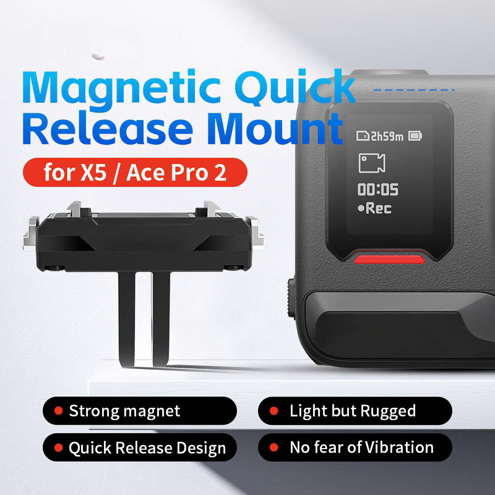 Schwarze Schnellspannerhalterung für X5/Ace Pro 2 mit Kamera. Merkmale: starker Magnet und Schnellverschluss.