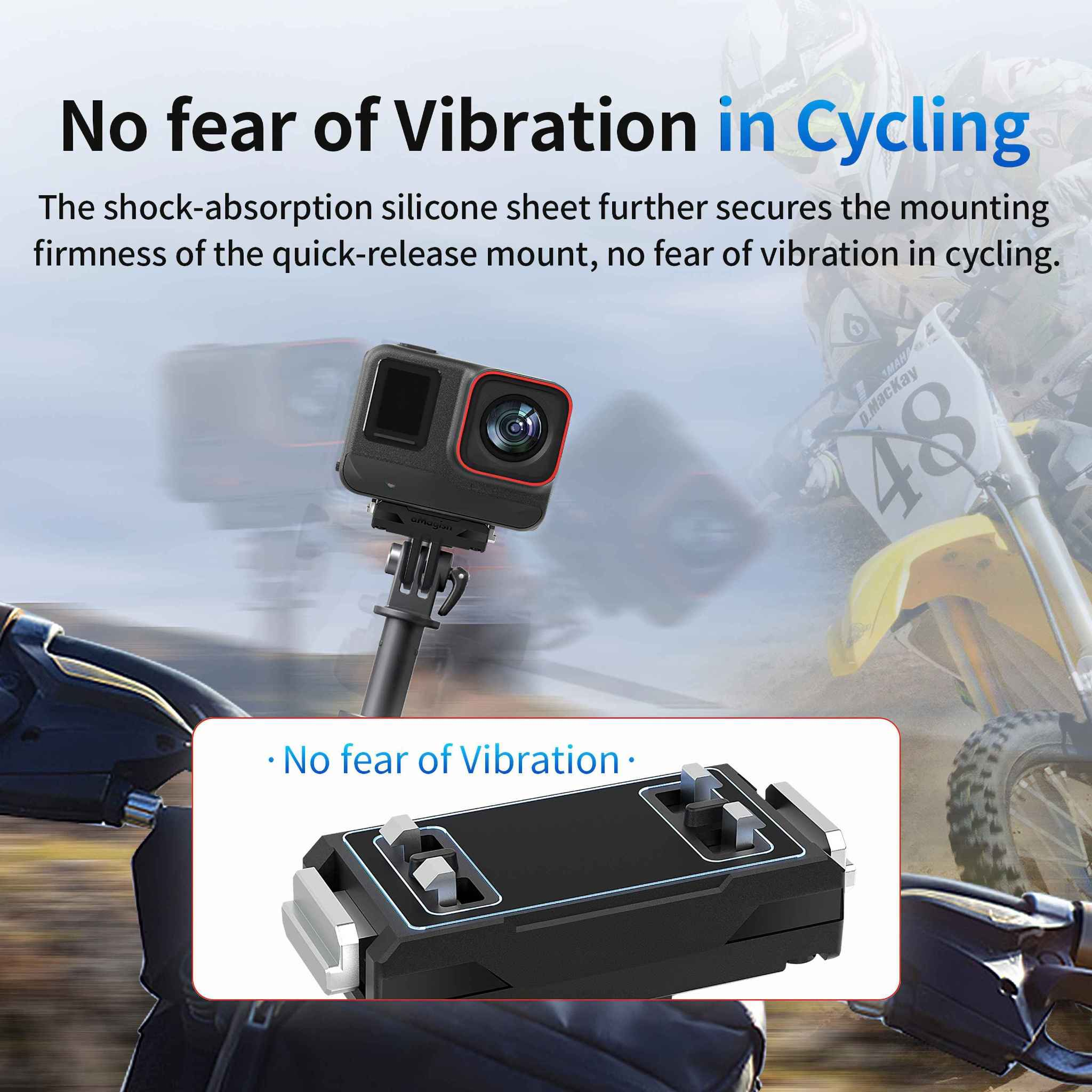 Eine Kamera ist auf einem Motorrad montiert. Ein Produkt wird mit dem Text 'Keine Angst vor Vibrationen' und Rennen im Hintergrund gezeigt.