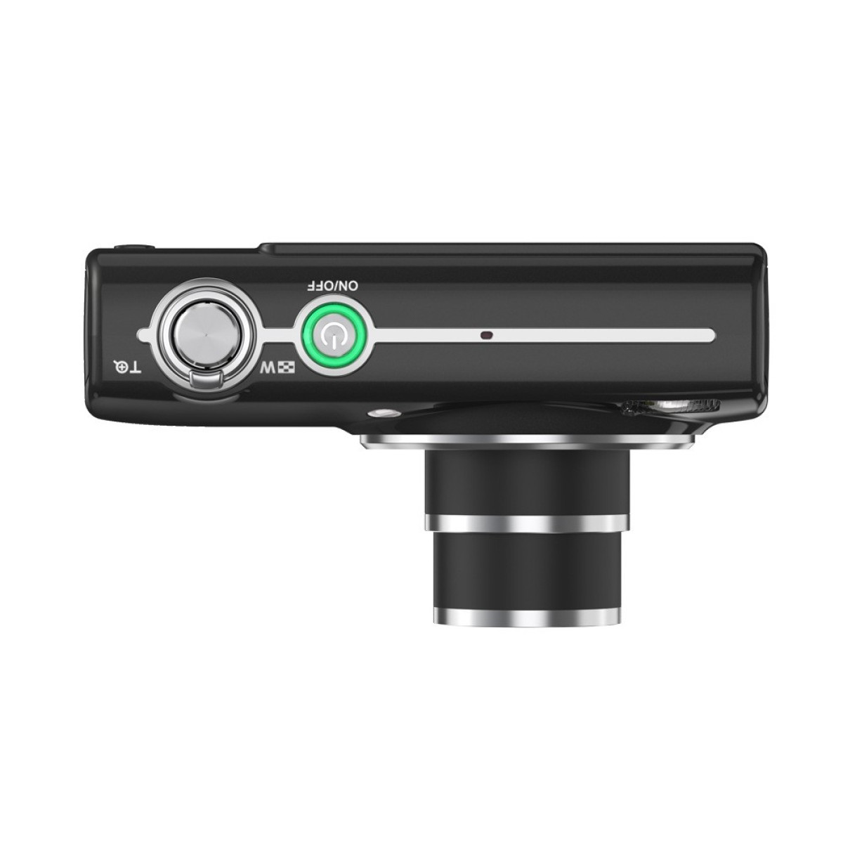 Schwarze Digitalkamera, Draufsicht. Merkmale: Ein-/Ausschalter, Zoom und Objektiv. Silberne Akzente. Isoliert auf weißem Hintergrund.