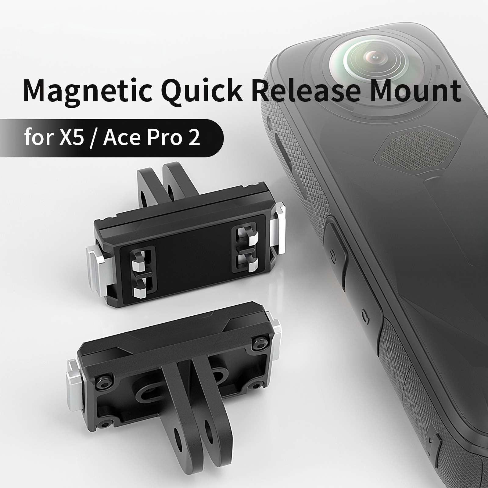 Schwarze magnetische Schnellwechselhalterung für die Kamera, mit einer Kamera auf der rechten Seite. Der Text lautet 'Magnetic Quick Release Mount'.