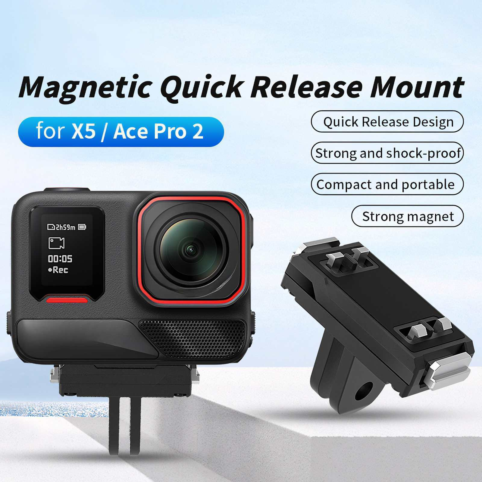 Schwarze Action-Kamera mit roter Blende, montiert auf einer schwarzen Schnellspanner-Halterung. Text: 'Magnetic Quick Release Mount'.