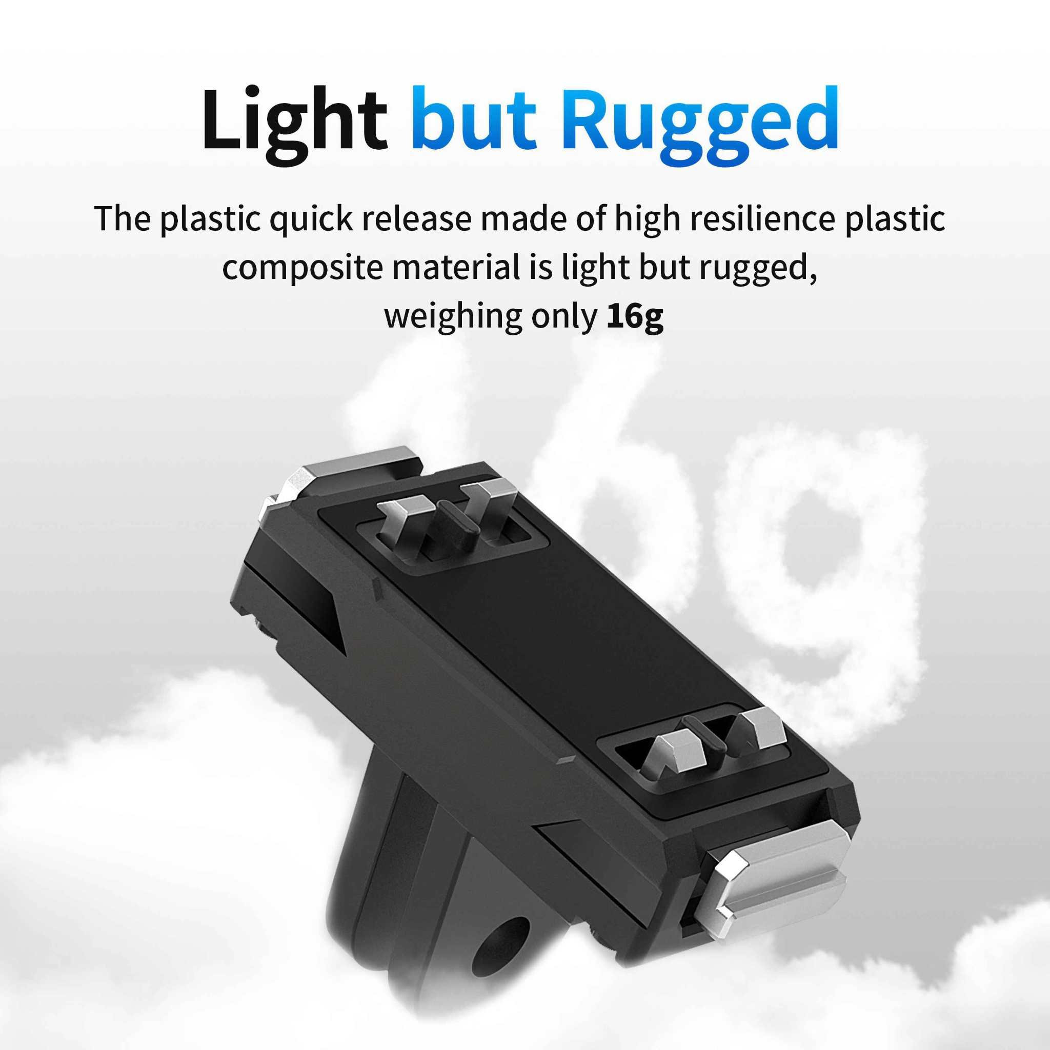 Schwarzes Kunststoffgerät mit silbernen Akzenten und Text, 'Light but Rugged'. Text besagt, wiegt nur 16g.