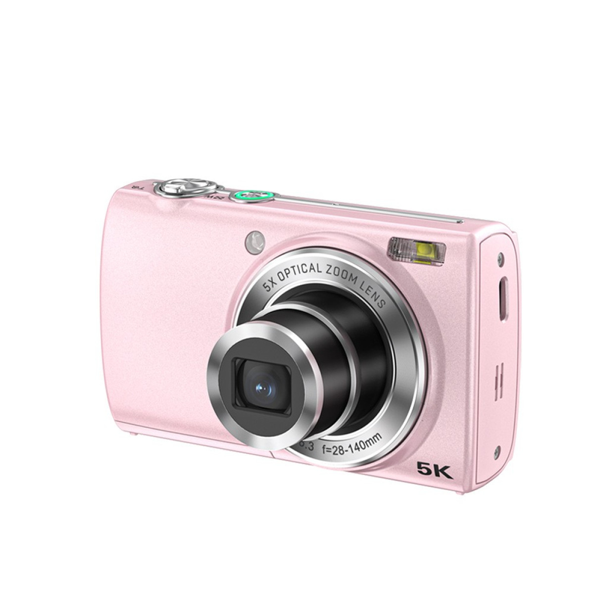 Een roze digitale camera. Hij heeft een 5x optische zoomlens. De lens is zwart en zilver. De camera heeft een flitser en knoppen.