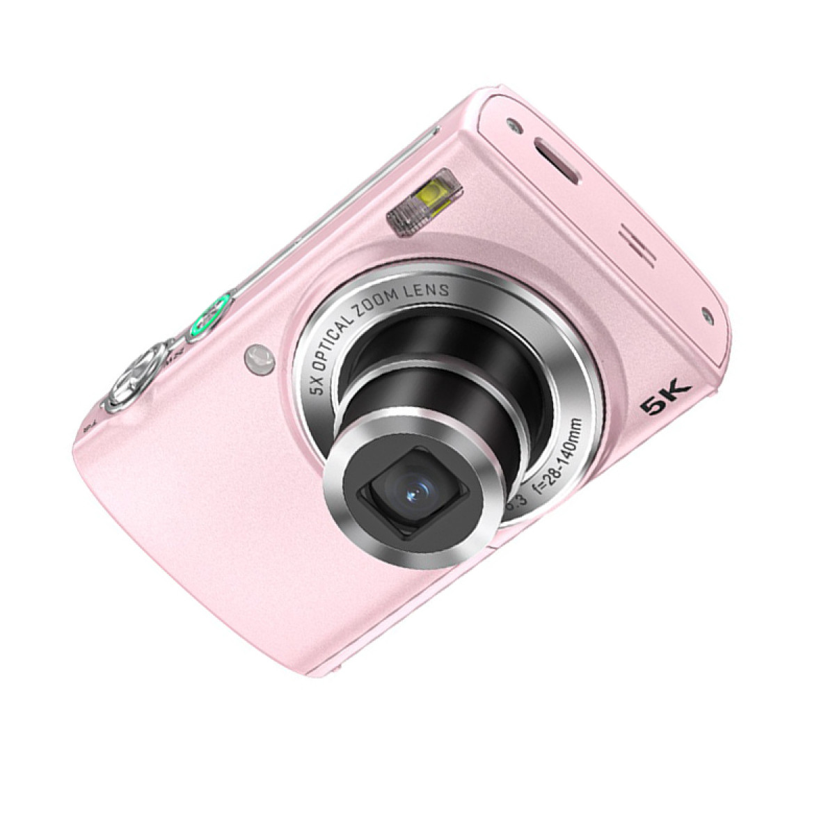 Een roze digitale camera is schuin. Hij heeft een lens en een flitser. Op de camera staat '5X Optical Zoom Lens'.
