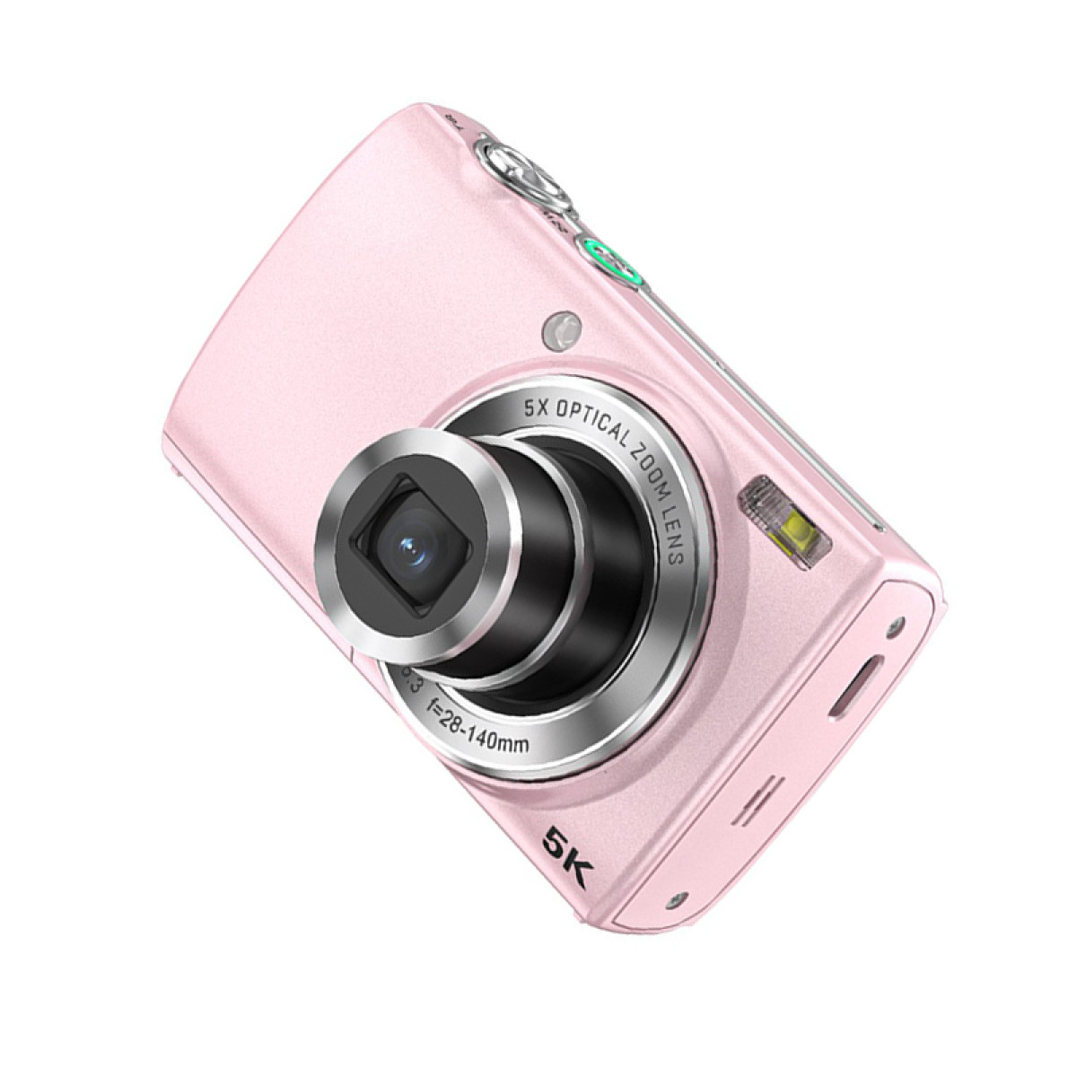Een roze digitale camera met een zilveren lens. De camera heeft een zoomlens en verschillende knoppen. De achtergrond is wit.