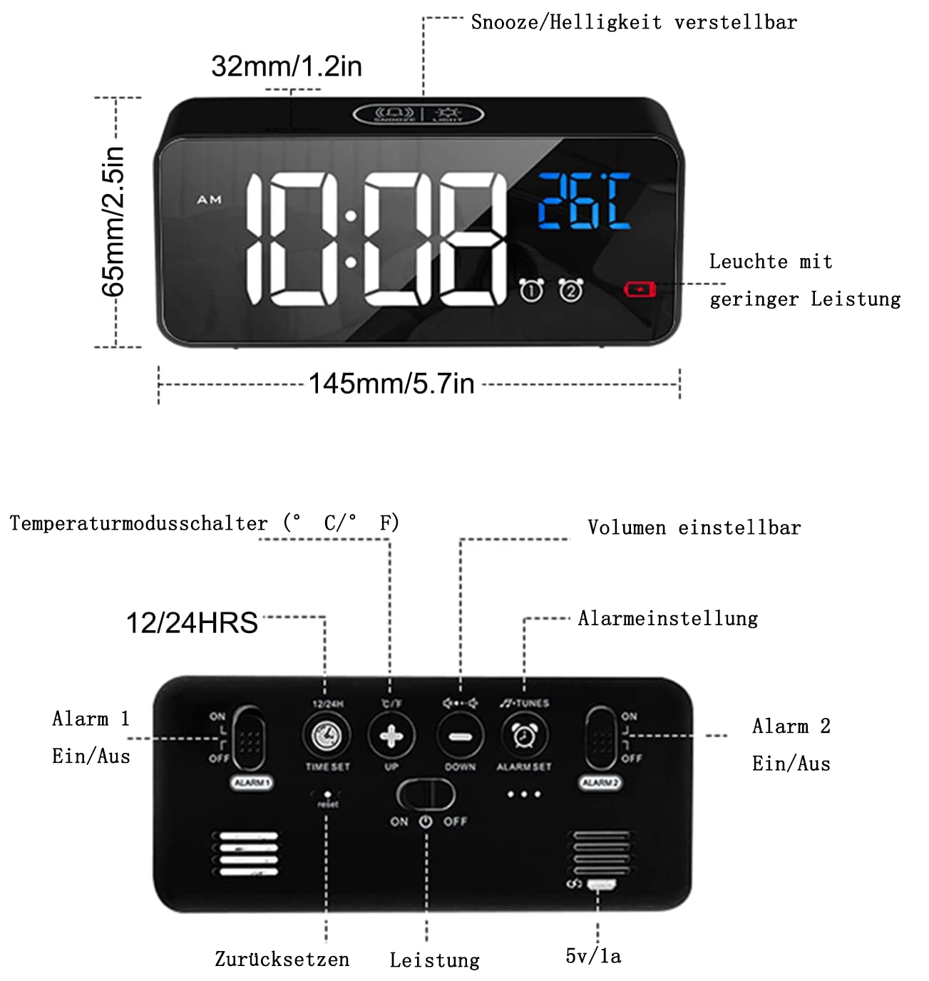 Digitaler Wecker mit Anzeige 10:08 und 26C. Er hat Tasten für Alarme, Zeiteinstellungen und Lautstärkeregelung. Schwarzer Hintergrund.