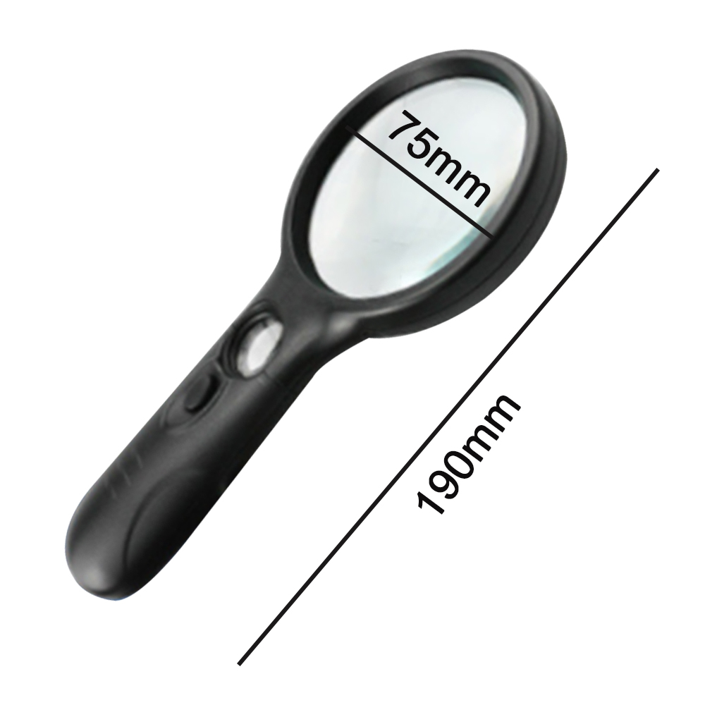 Eine schwarze Lupe mit den Maßen 75 mm und 190 mm. Die Linse ist klar, und der Griff hat einen Knopf.