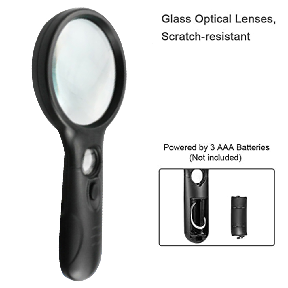 Schwarze Lupe mit runder Linse, Details zu Glaslinsen und Batterieinformationen sind ebenfalls sichtbar.