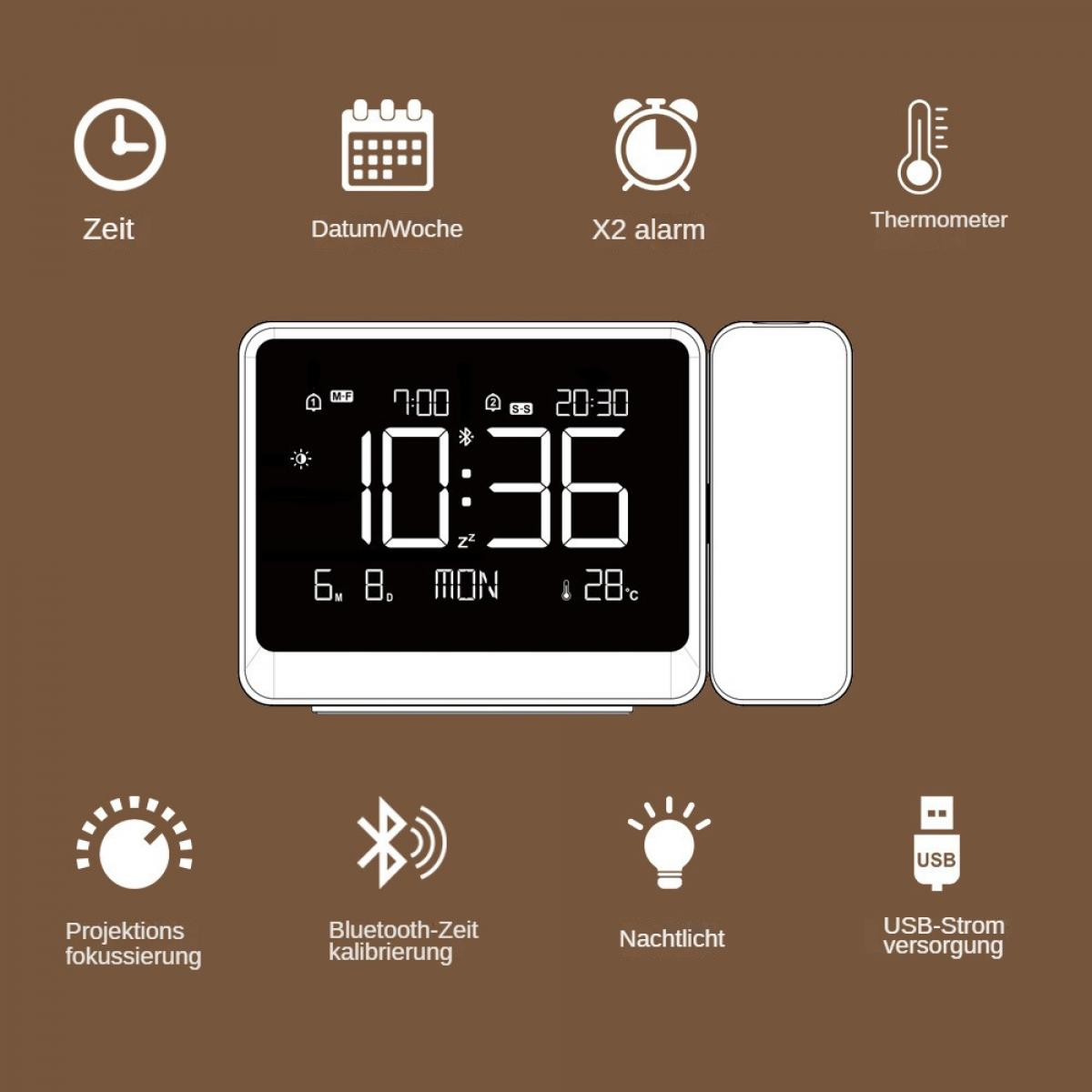 Digitaluhr zeigt Zeit, Datum und Temperatur an. Funktionen umfassen Alarme, Bluetooth, Nachtlicht und USB-Stromversorgung.