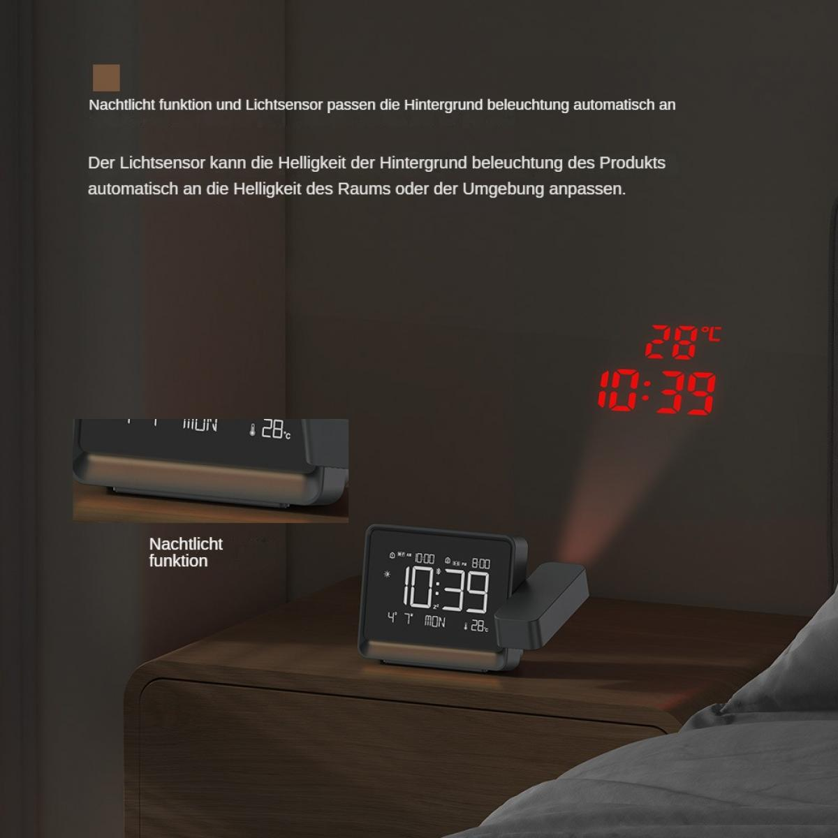 Eine Digitaluhr mit Zeit- und Temperaturanzeige, die die Zeit an die Wand projiziert. Sie steht auf einem Nachttisch neben einem Bett.