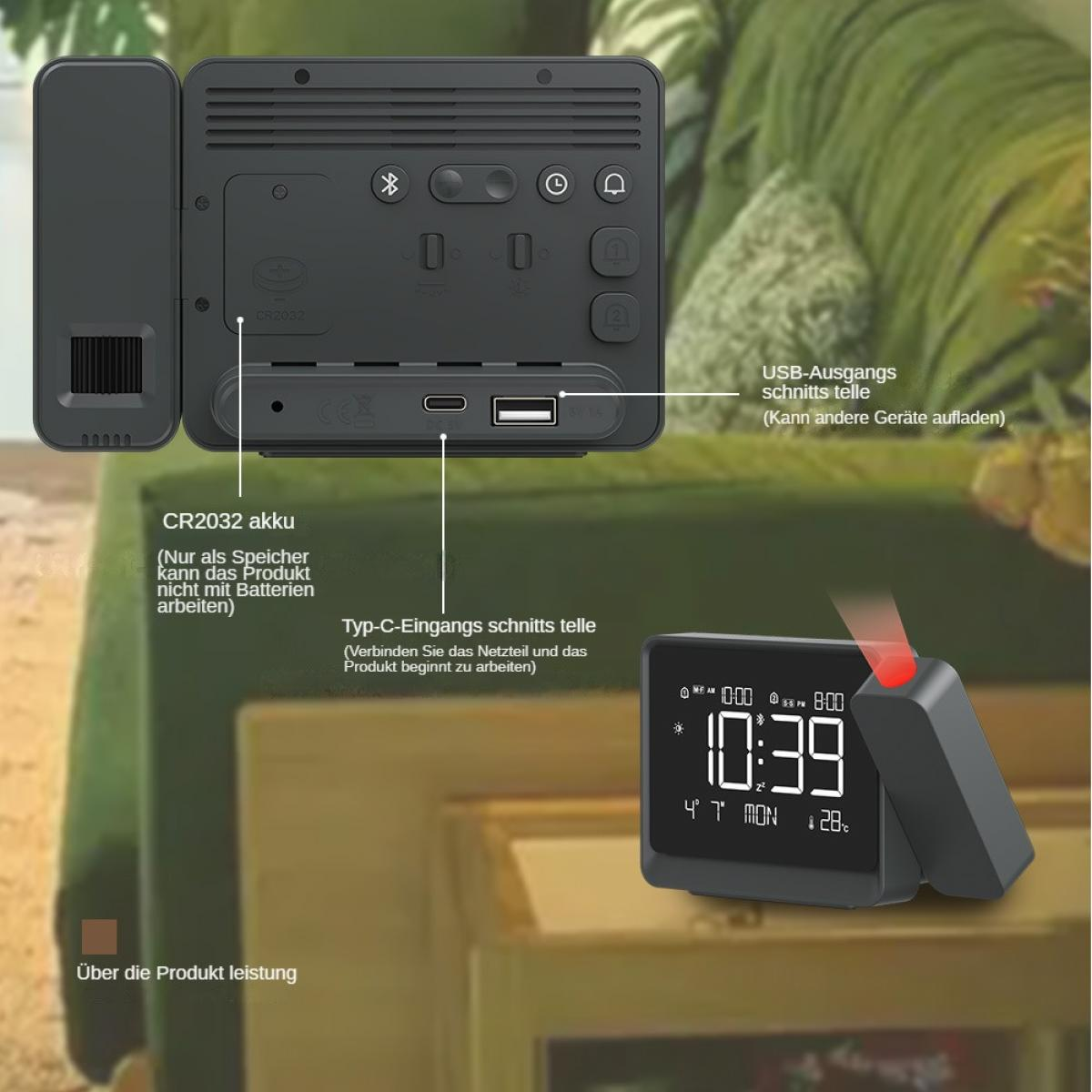 Radiowecker mit Display, das 10:39 zeigt, andere Bedienelemente und Anschlüsse. Der Hintergrund ist unscharf. Die Uhr zeigt Zeit und Temperatur an.