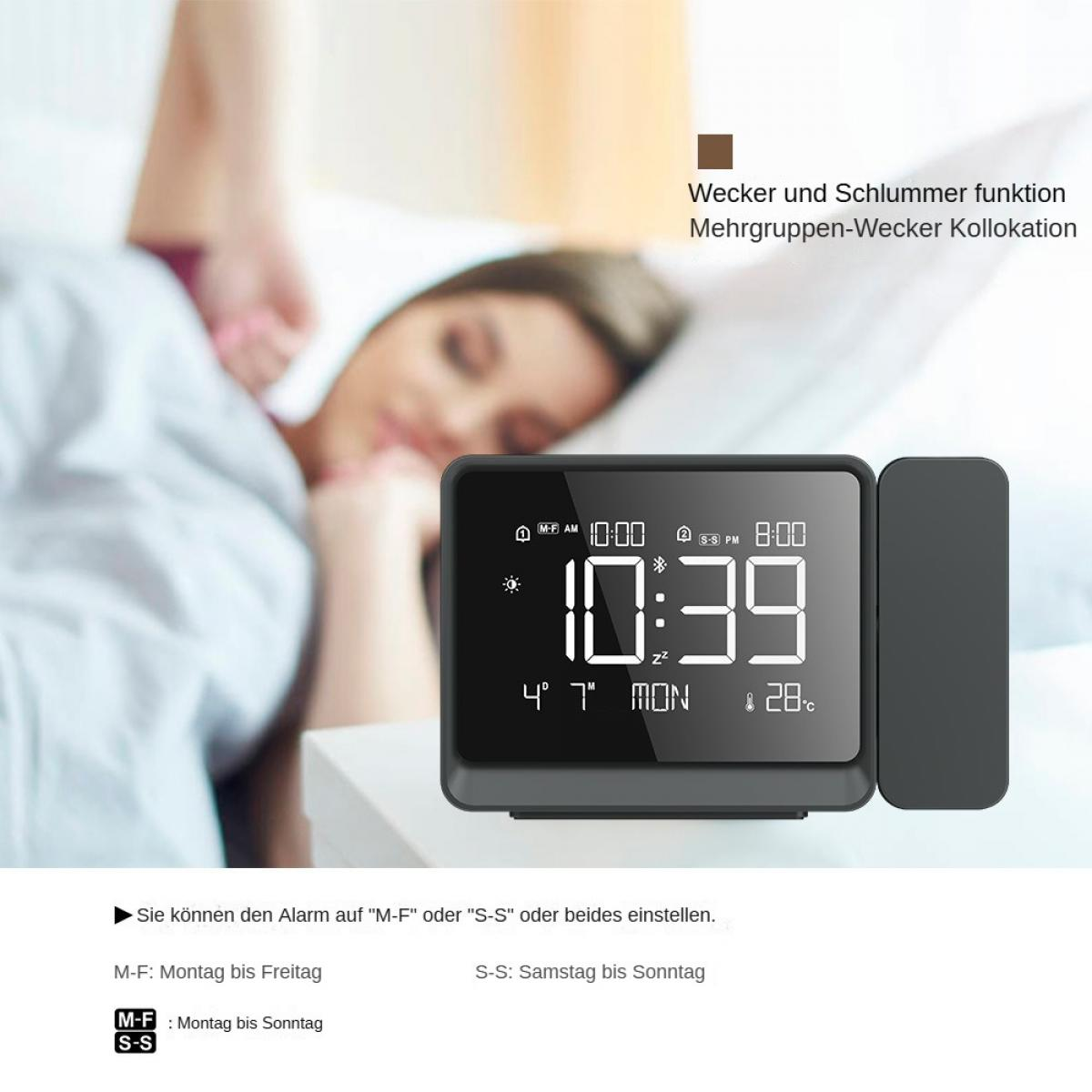 Eine Digitaluhr zeigt 10:39 Uhr an. Sie zeigt den Tag, die Temperatur und eine schlafende Person im Hintergrund. Anweisungen stehen unter der Uhr.