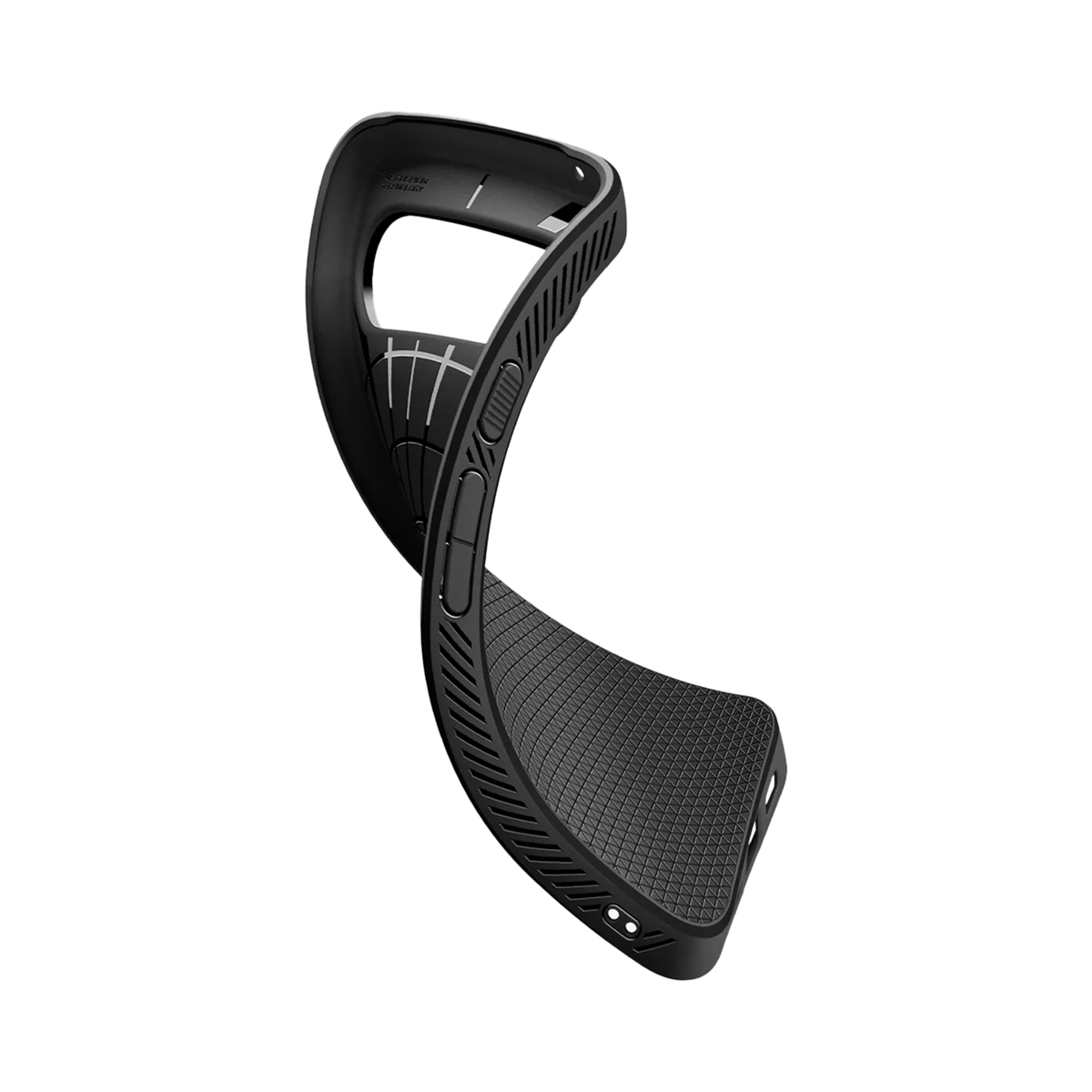 Une coque de téléphone noire est courbée, révélant sa surface texturée et les détails des boutons. La coque est pliée, montrant sa flexibilité.