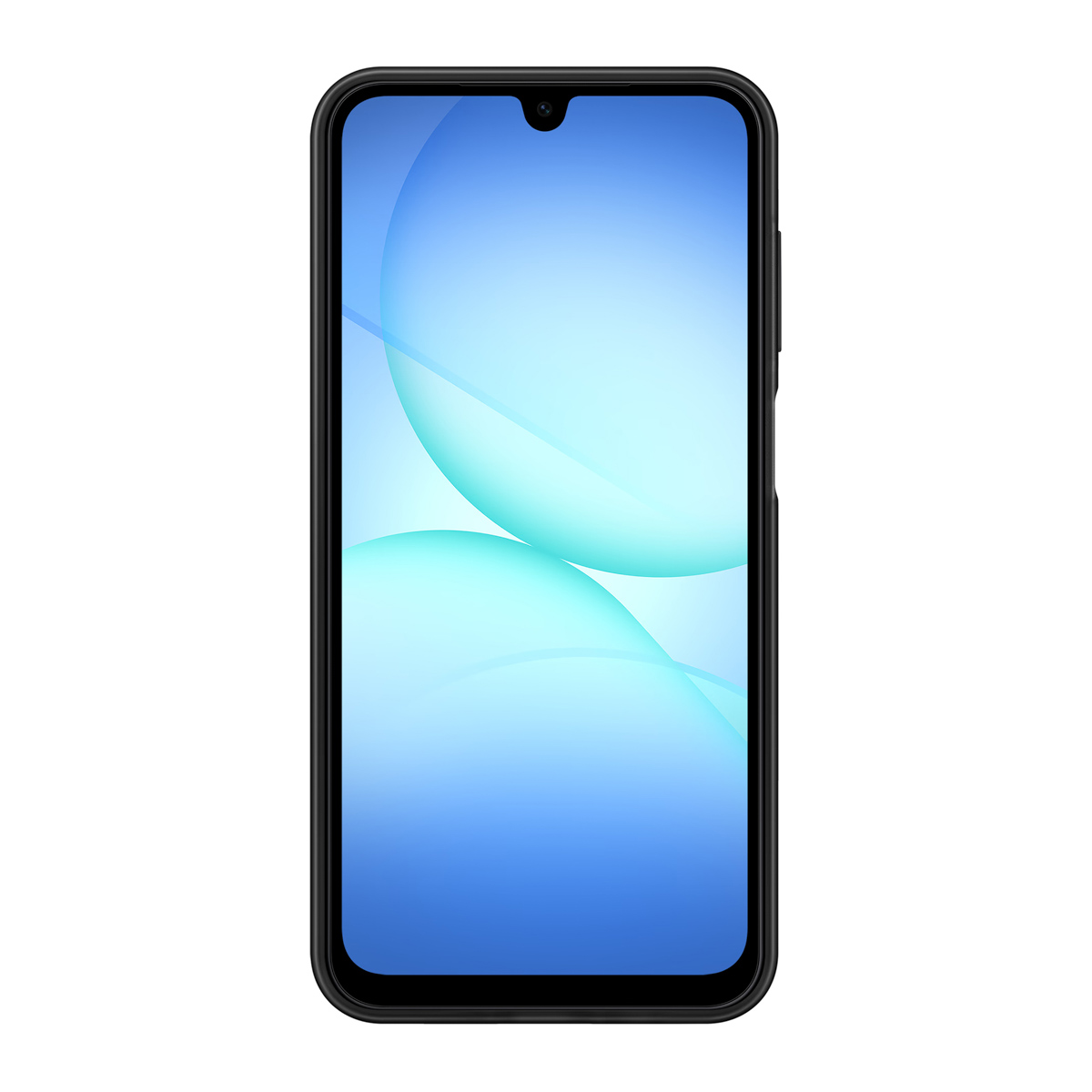 Czarny smartfon z niebiesko-białym gradientem na ekranie. Ekran wyświetla zakrzywione kształty. Telefon jest na białym tle.