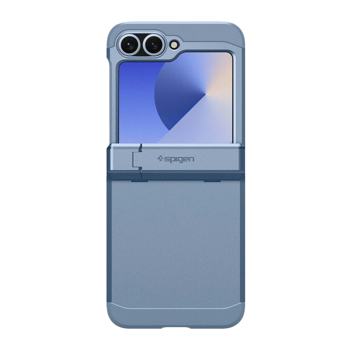 Una custodia blu per telefono con design a ribalta. Ha un ritaglio per la fotocamera in alto e il logo del marchio sulla cerniera.