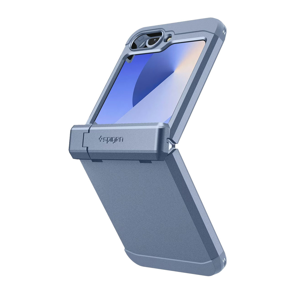 Una custodia blu per telefono, aperta e angolata, con uno schermo visibile. La custodia ha il marchio 'Spigen' su sfondo bianco.