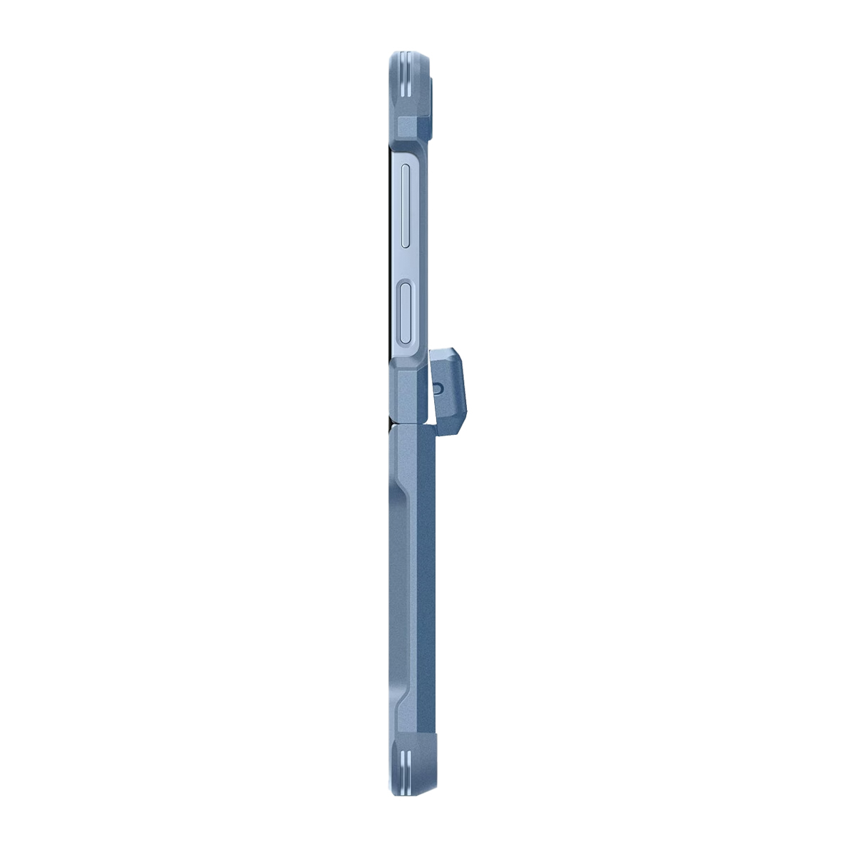 Una custodia blu per telefono vista lateralmente. Ha pulsanti, un supporto e un design strutturato, il tutto in un colore blu tenue.