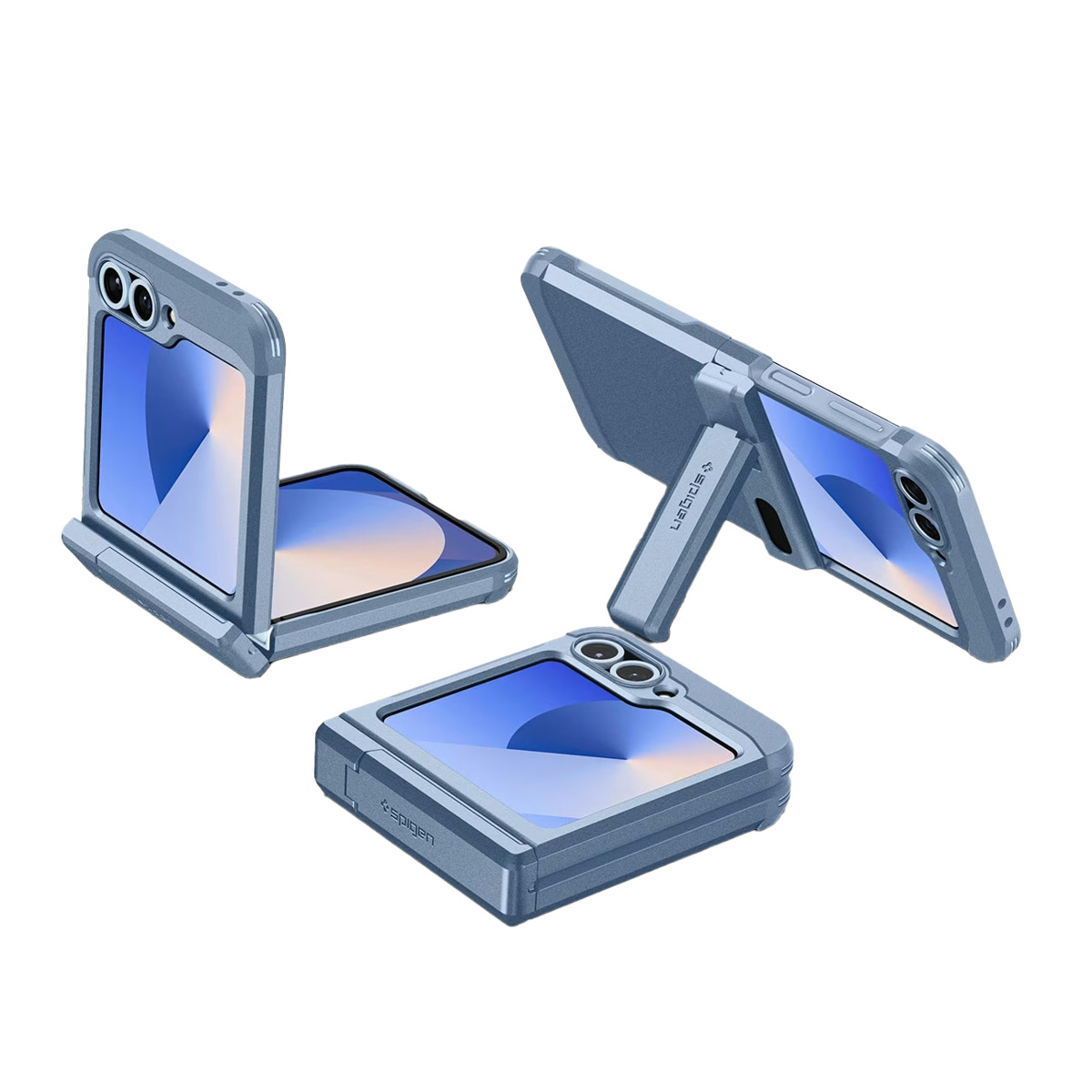 Sono esposte tre custodie blu per telefono. Una è aperta, una chiusa e una sollevata. Ognuna presenta un telaio protettivo e ritagli per la fotocamera.