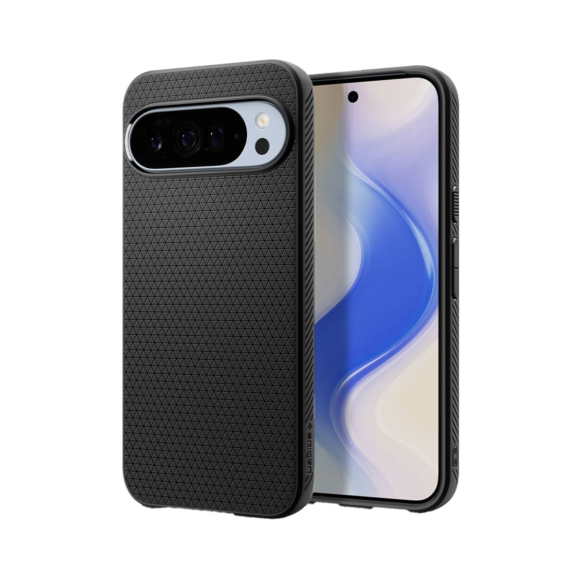 Coque de téléphone noire avec dos texturé et découpe caméra. Écran affiche dégradé bleu et blanc. Fond blanc.