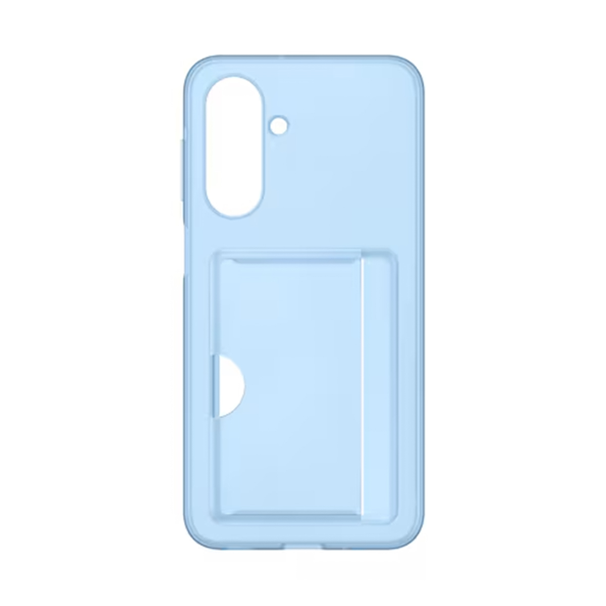Una custodia per telefono azzurra con portacarte. La custodia ha un ritaglio per la fotocamera, un pulsante di accensione e uno slot per schede.