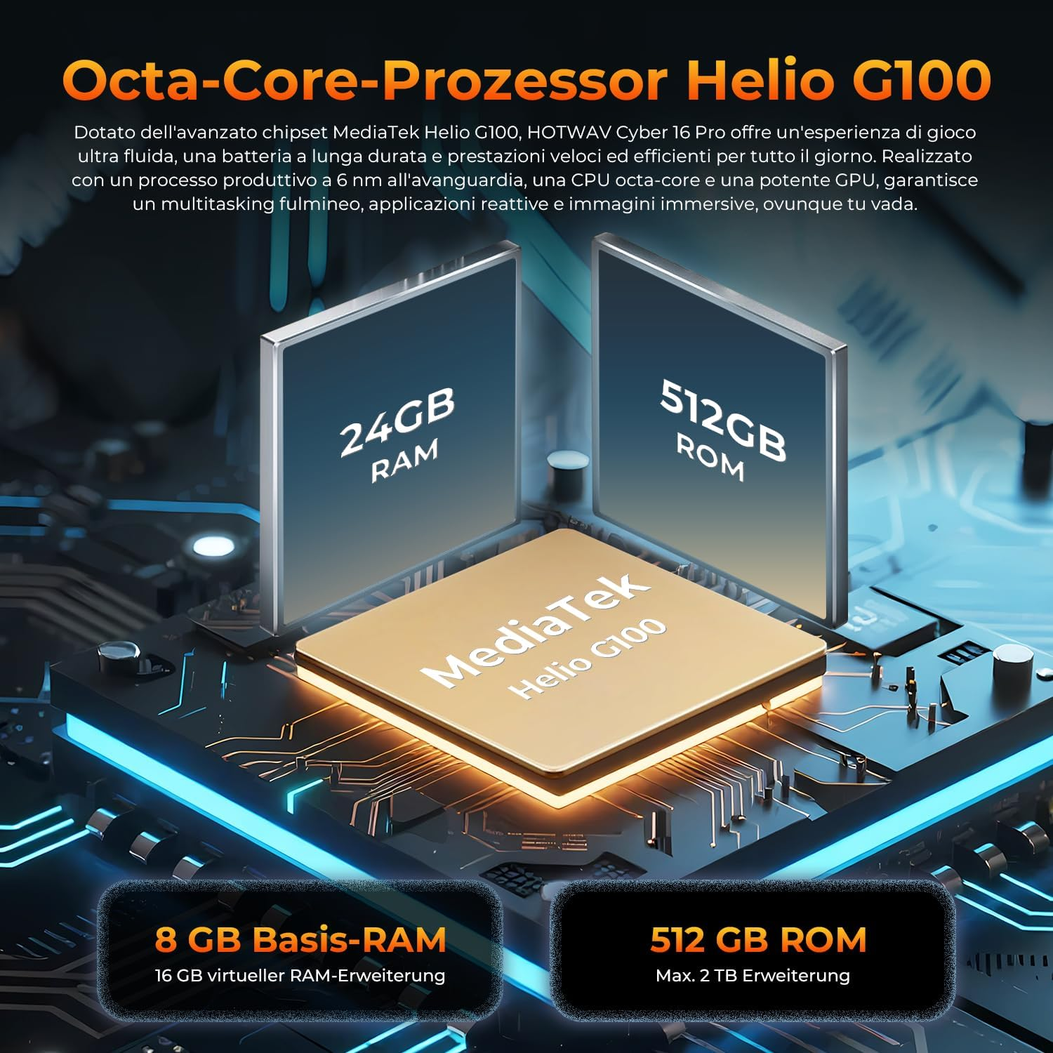 Grafik zeigt Prozessor mit 24GB RAM und 512GB ROM. Text hebt MediaTek Helio G100 hervor, eine Octa-Core-CPU.