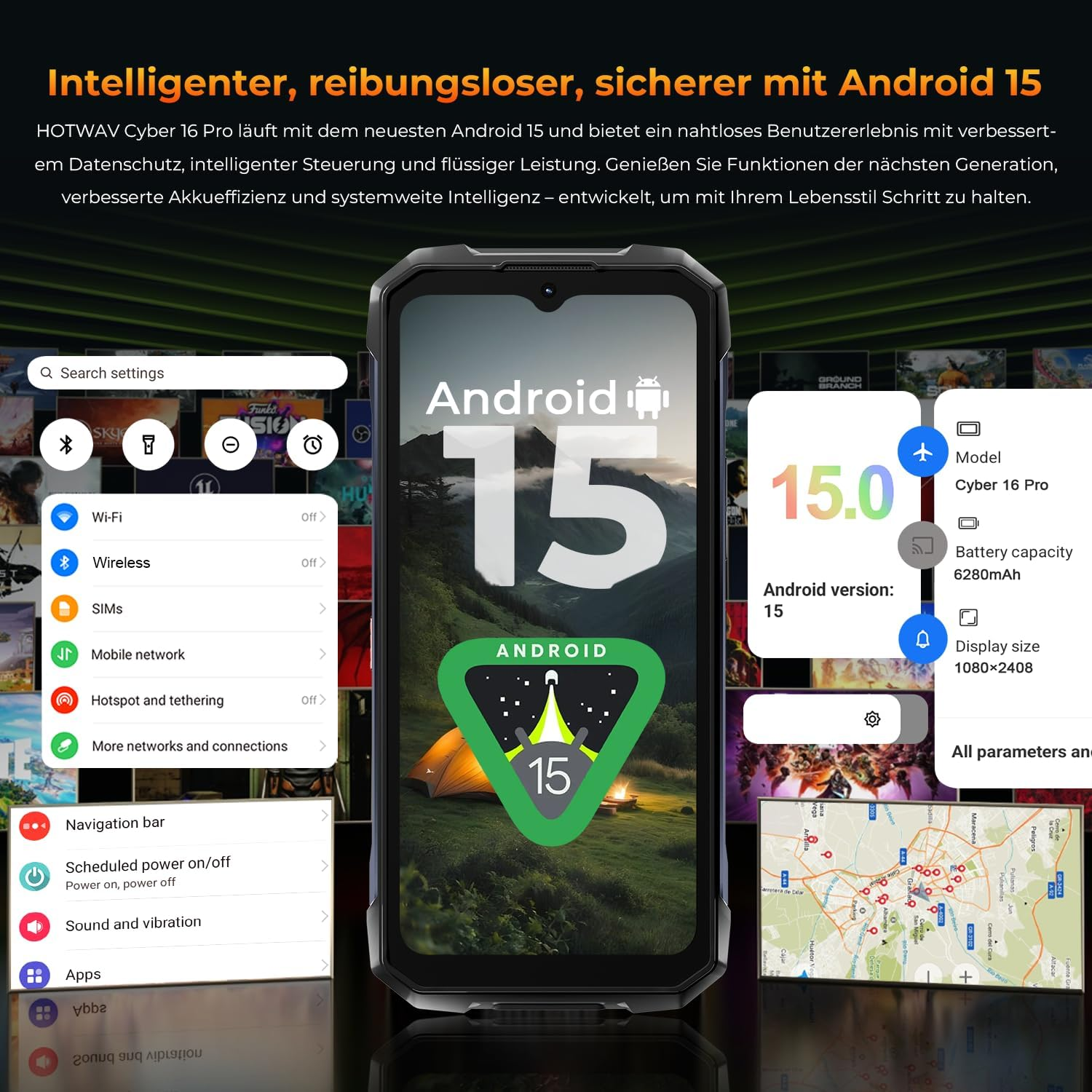 Smartphone-Bildschirm mit Android 15-Funktionen. Enthält Einstellungen, App-Symbole und Telefonspezifikationen.