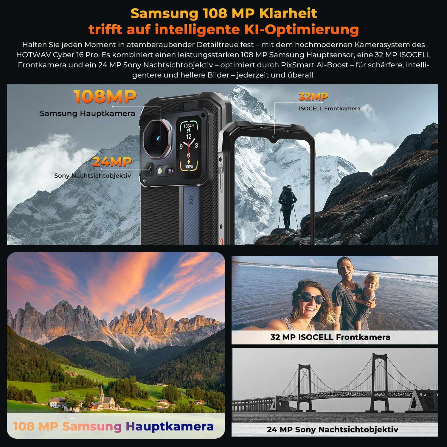 Das Bild zeigt ein Telefon mit Kameraspezifikationen, Landschaft, Familie am Strand und eine Brücke. Text hebt Kamerafunktionen hervor.