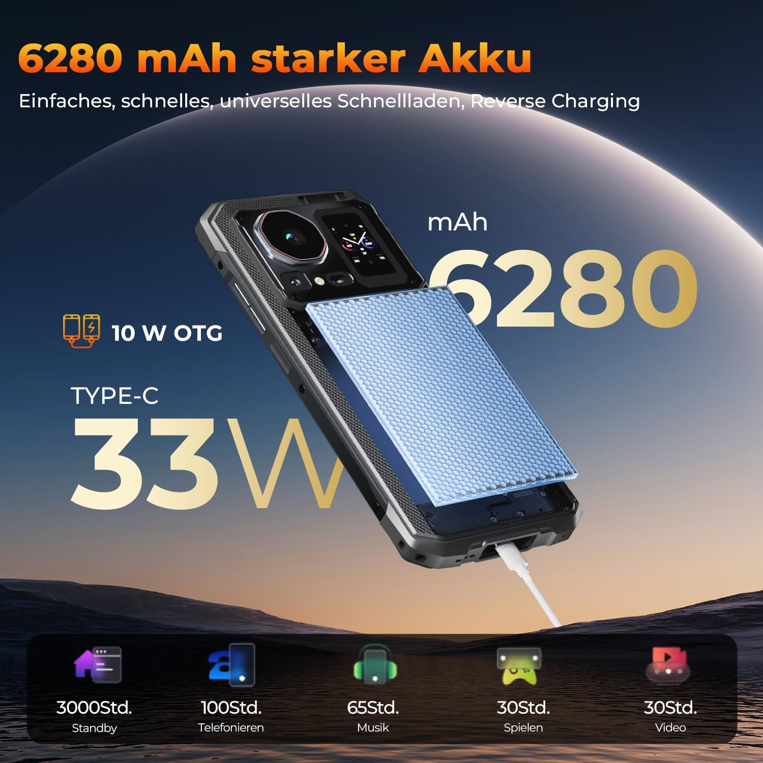 Ein Smartphone mit 6280 mAh Akku, 33W Laden und Typ-C. Symbole zeigen Standby-, Anruf-, Musik-, Spiel- und Videodauer.